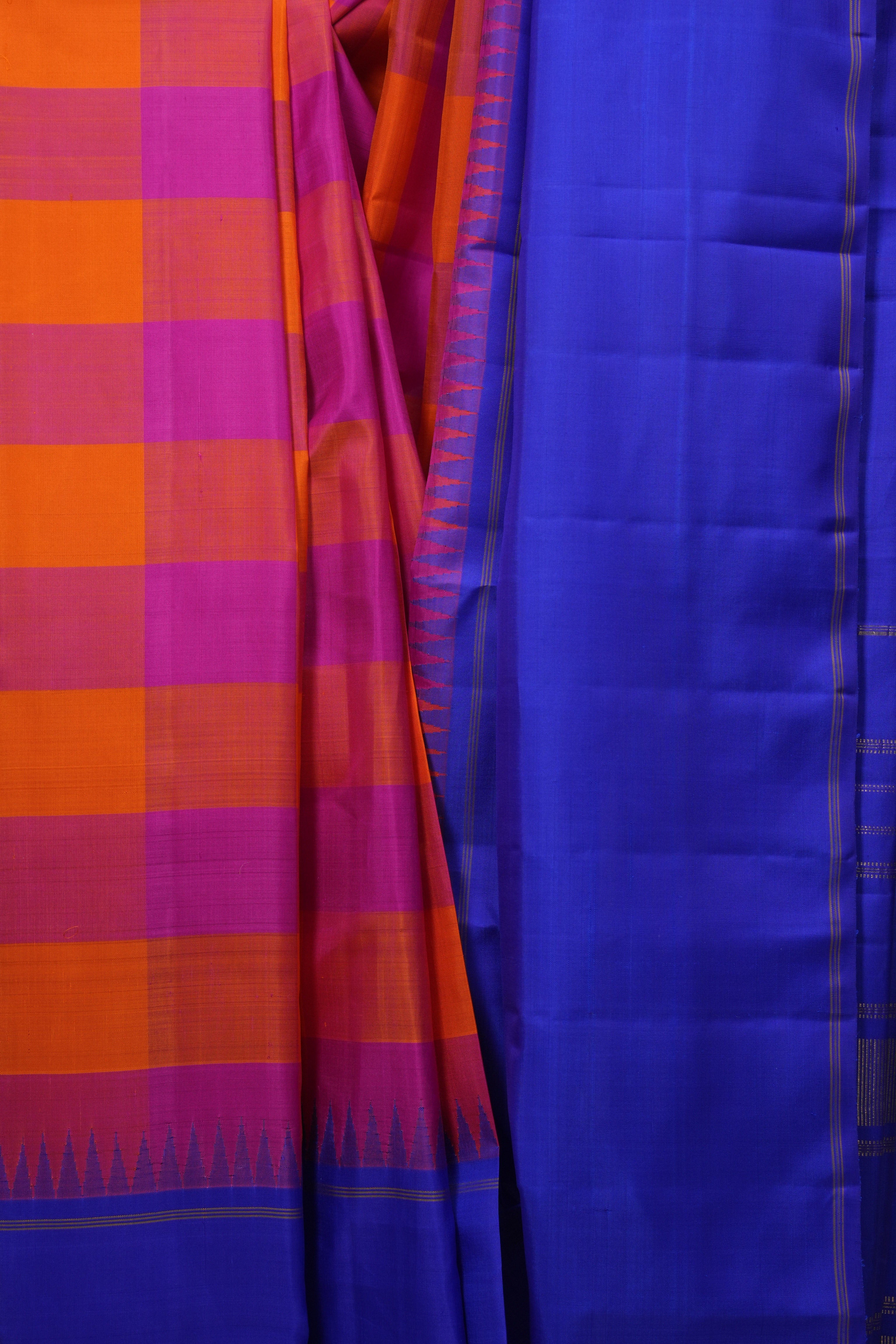 Orange Pink Checkered Kanjivaram Silk Saree - SROPCKSS1078