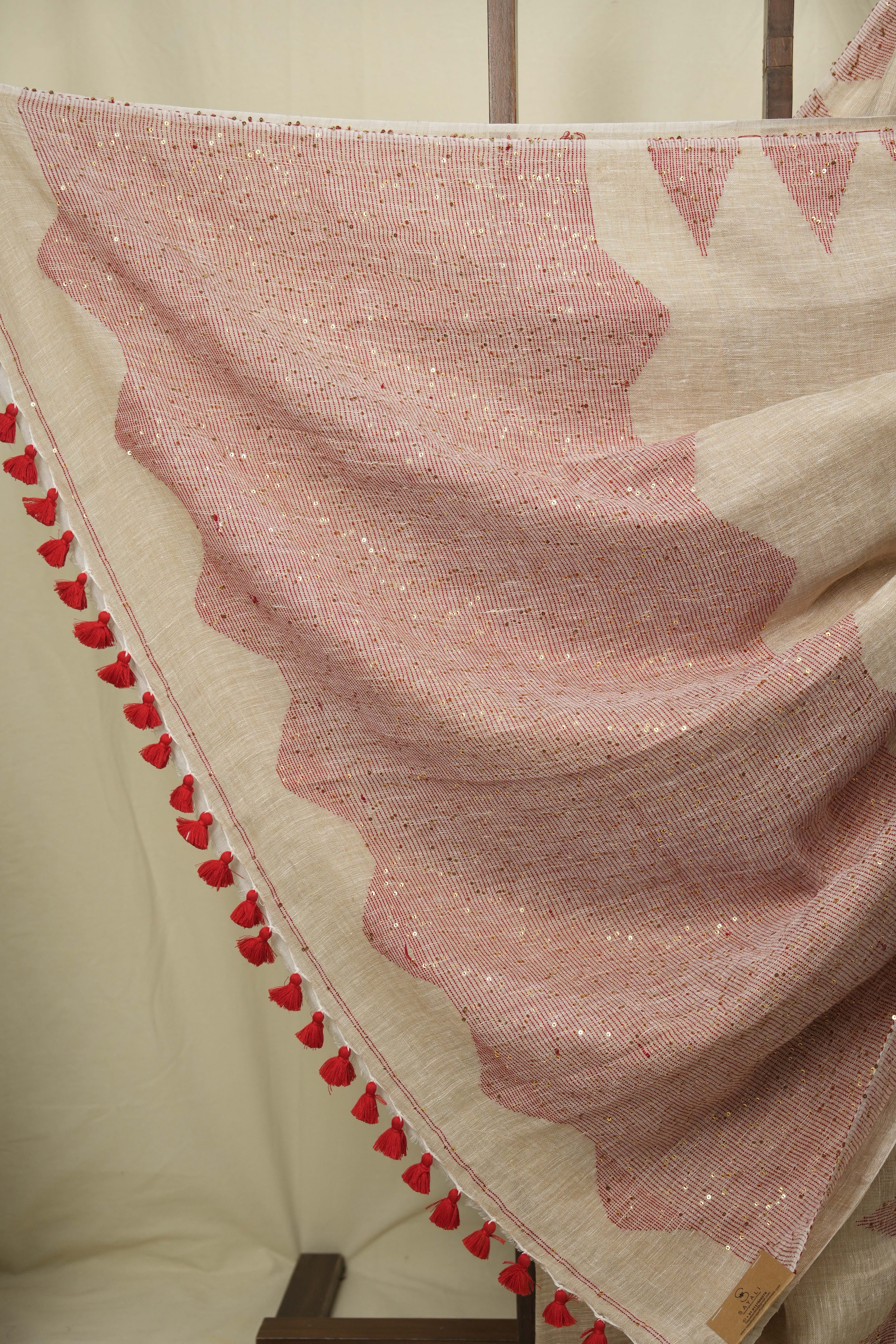 Cream Sequins Linen Saree With Red Tassels - SRCSLS514