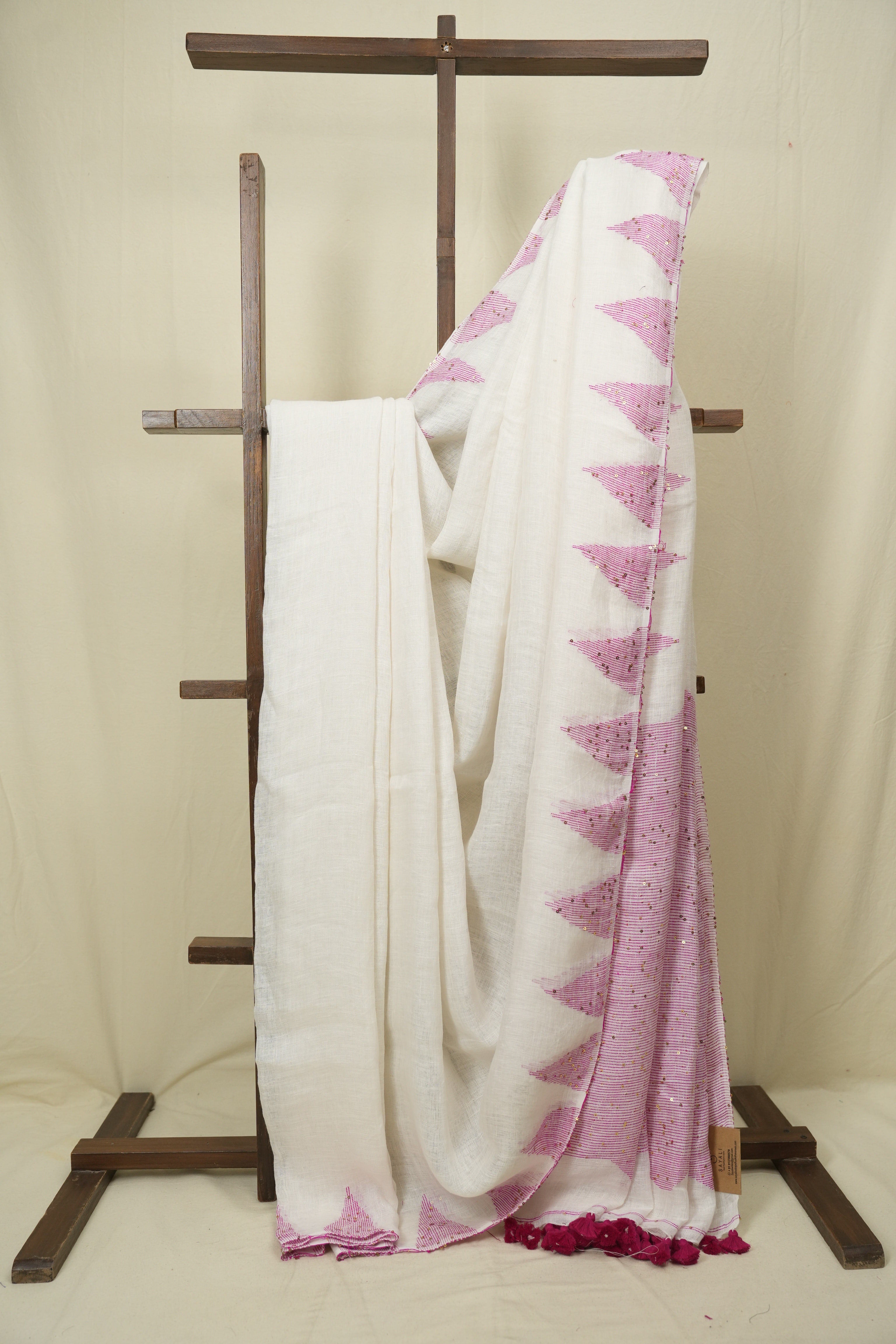 White Sequins Linen Saree With Pink Tassels - SRWSLS513