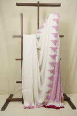 White Sequins Linen Saree With Pink Tassels - SRWSLS513