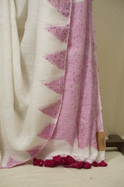 White Sequins Linen Saree With Pink Tassels - SRWSLS513