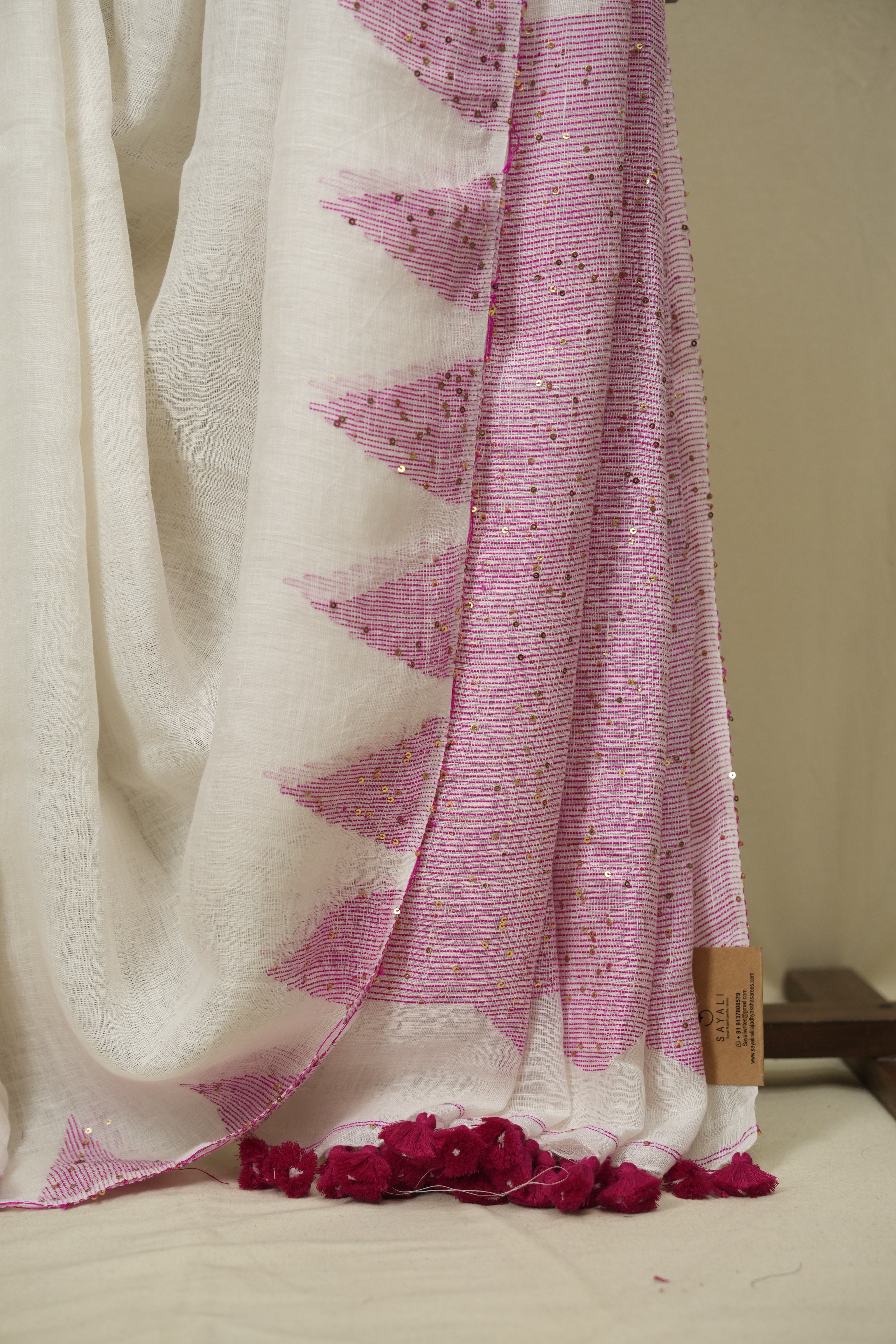 White Sequins Linen Saree With Pink Tassels - SRWSLS513