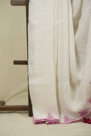 White Sequins Linen Saree With Pink Tassels - SRWSLS513