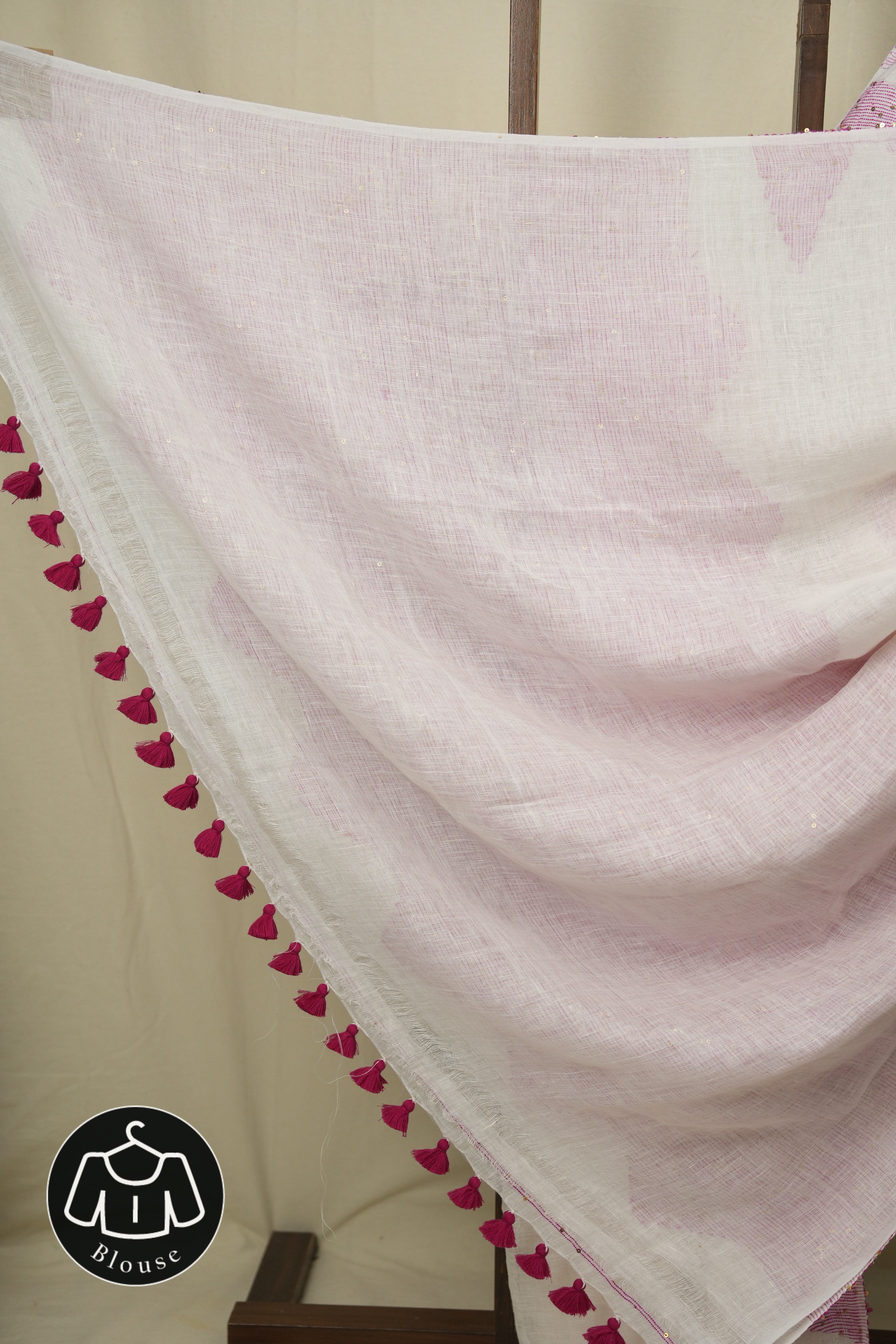 White Sequins Linen Saree With Pink Tassels - SRWSLS513
