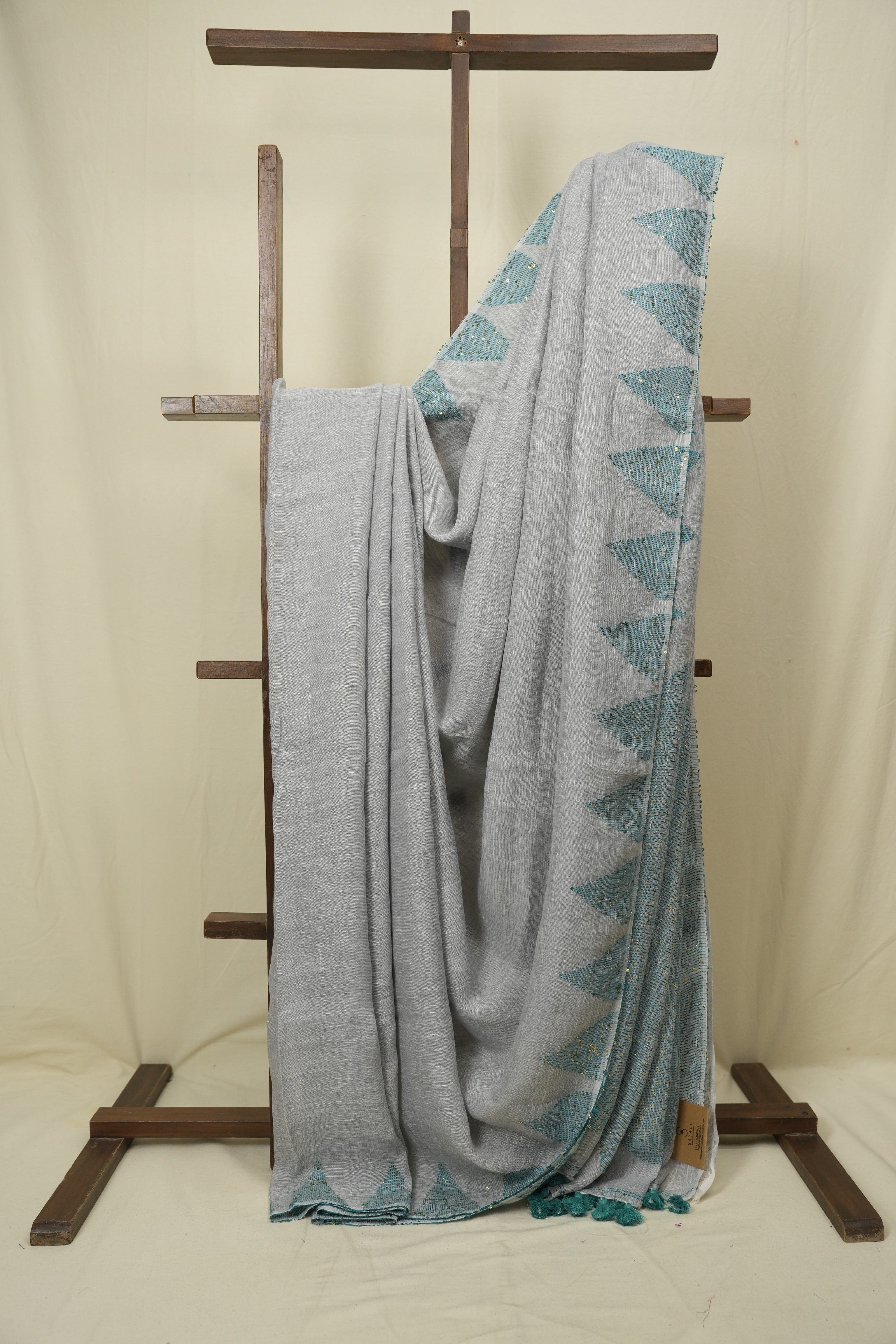 Steel Grey Sequins Linen Saree With Green Tassels - SRSGSLS512