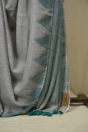 Steel Grey Sequins Linen Saree With Green Tassels - SRSGSLS512