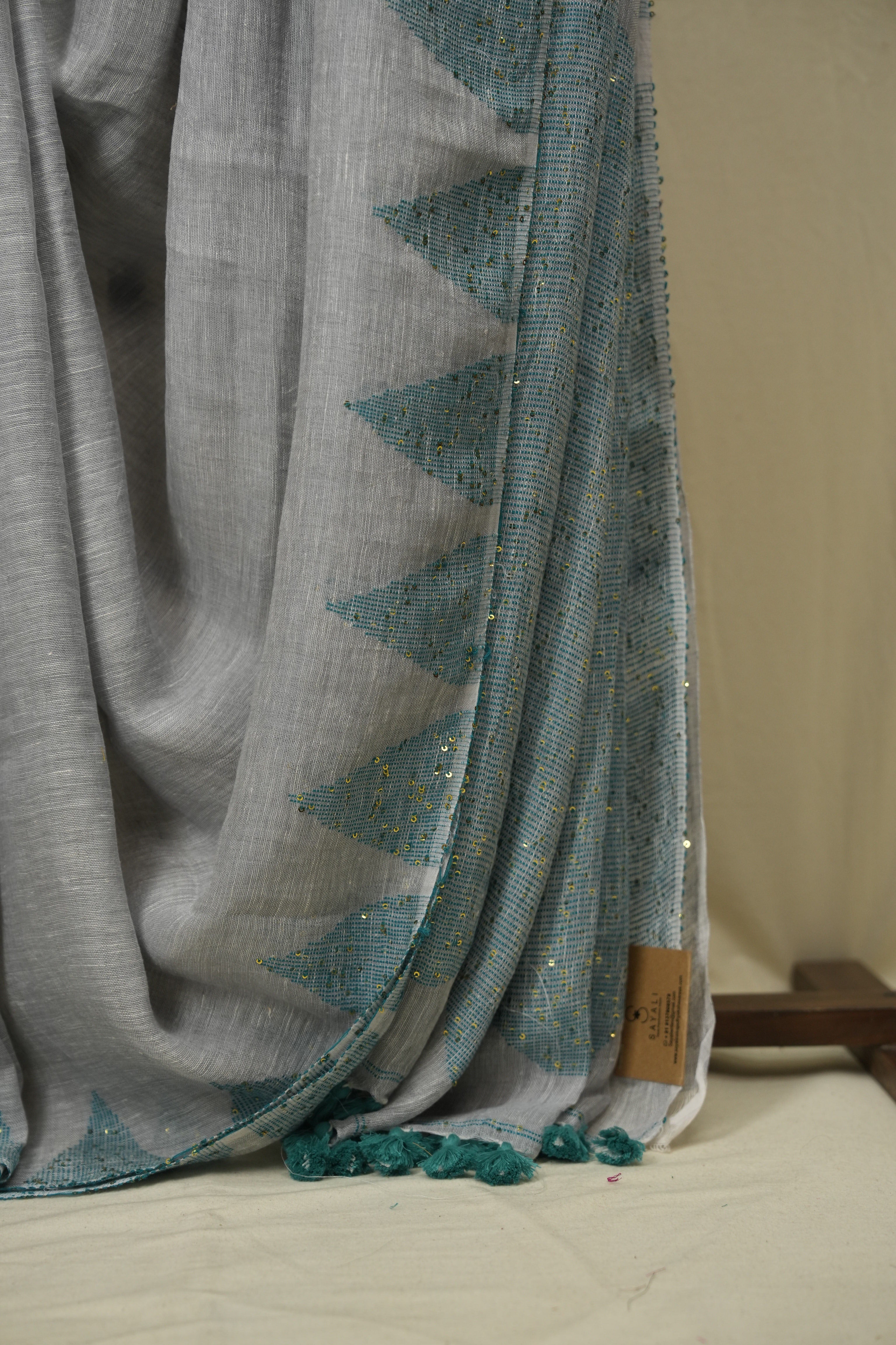 Steel Grey Sequins Linen Saree With Green Tassels - SRSGSLS512