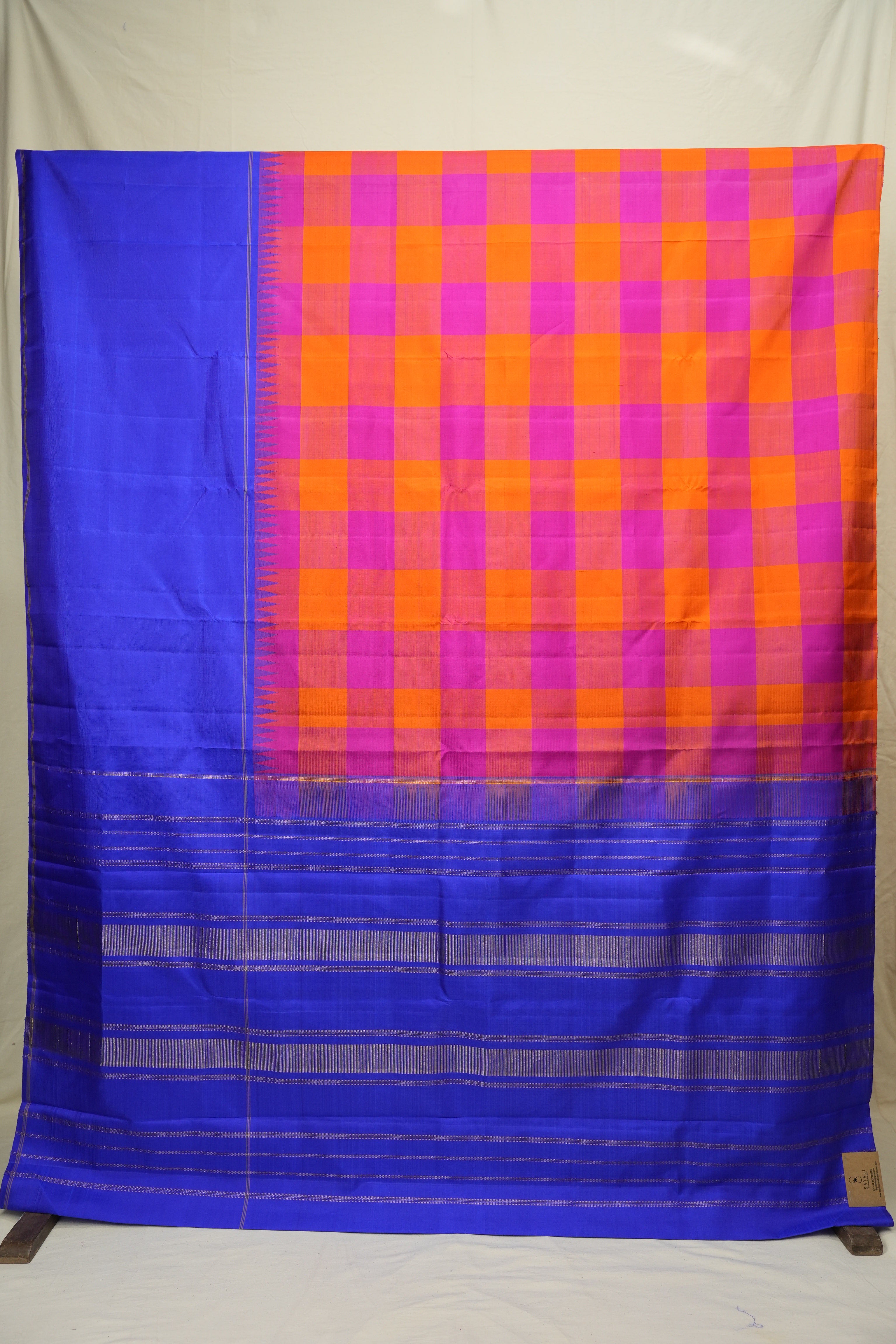 Orange Pink Checkered Kanjivaram Silk Saree - SROPCKSS1078