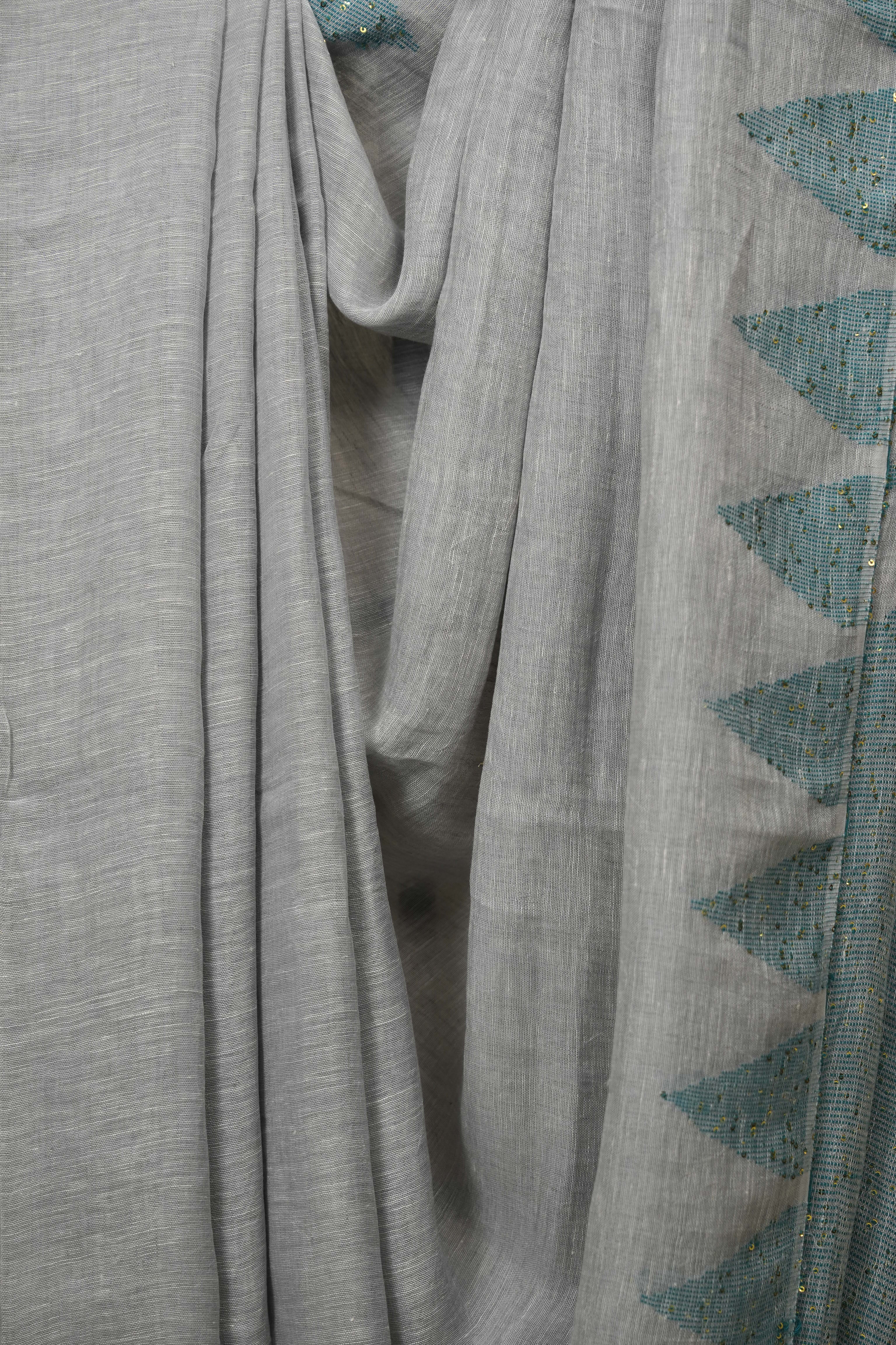 Steel Grey Sequins Linen Saree With Green Tassels - SRSGSLS512