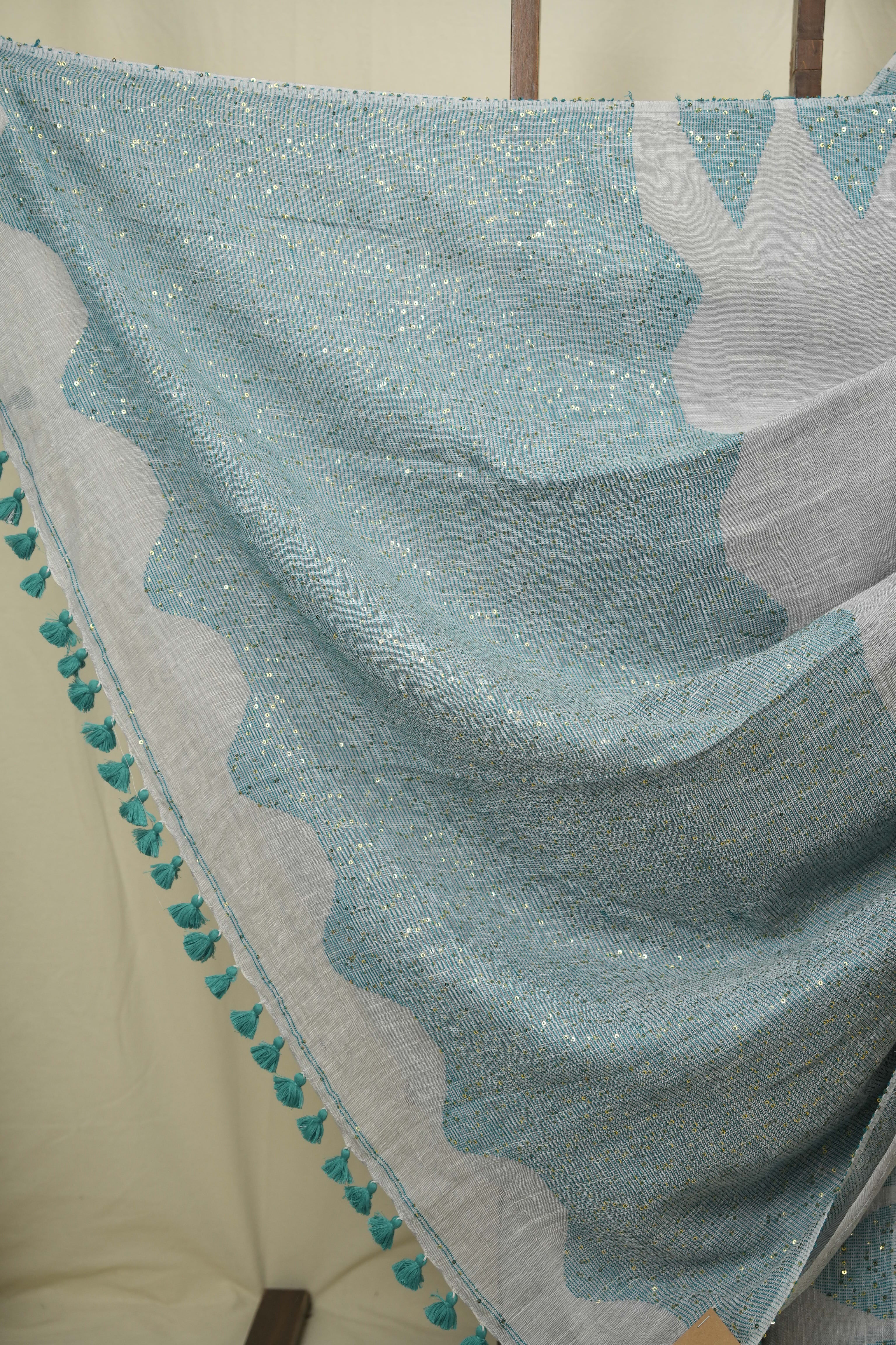 Steel Grey Sequins Linen Saree With Green Tassels - SRSGSLS512