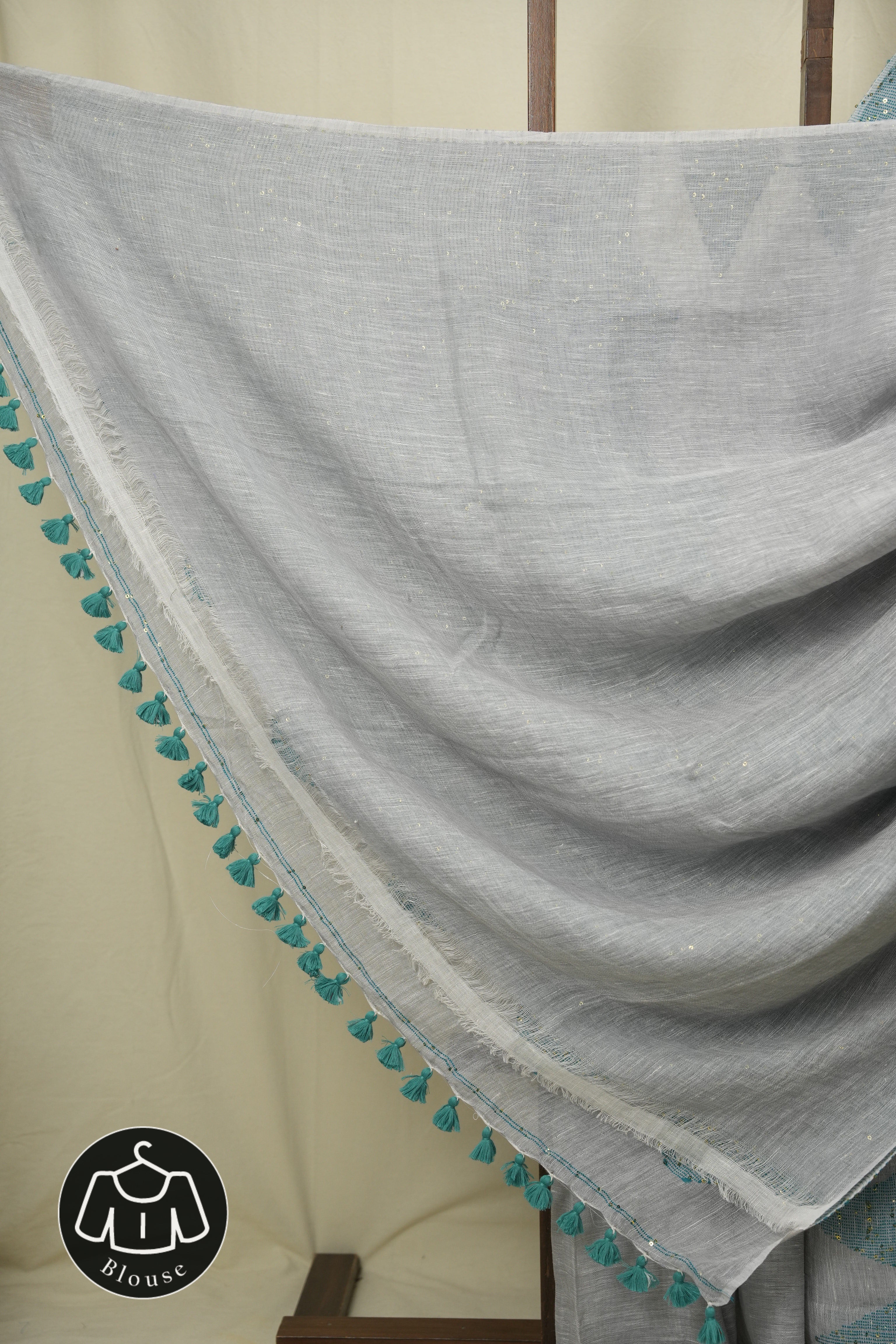Steel Grey Sequins Linen Saree With Green Tassels - SRSGSLS512