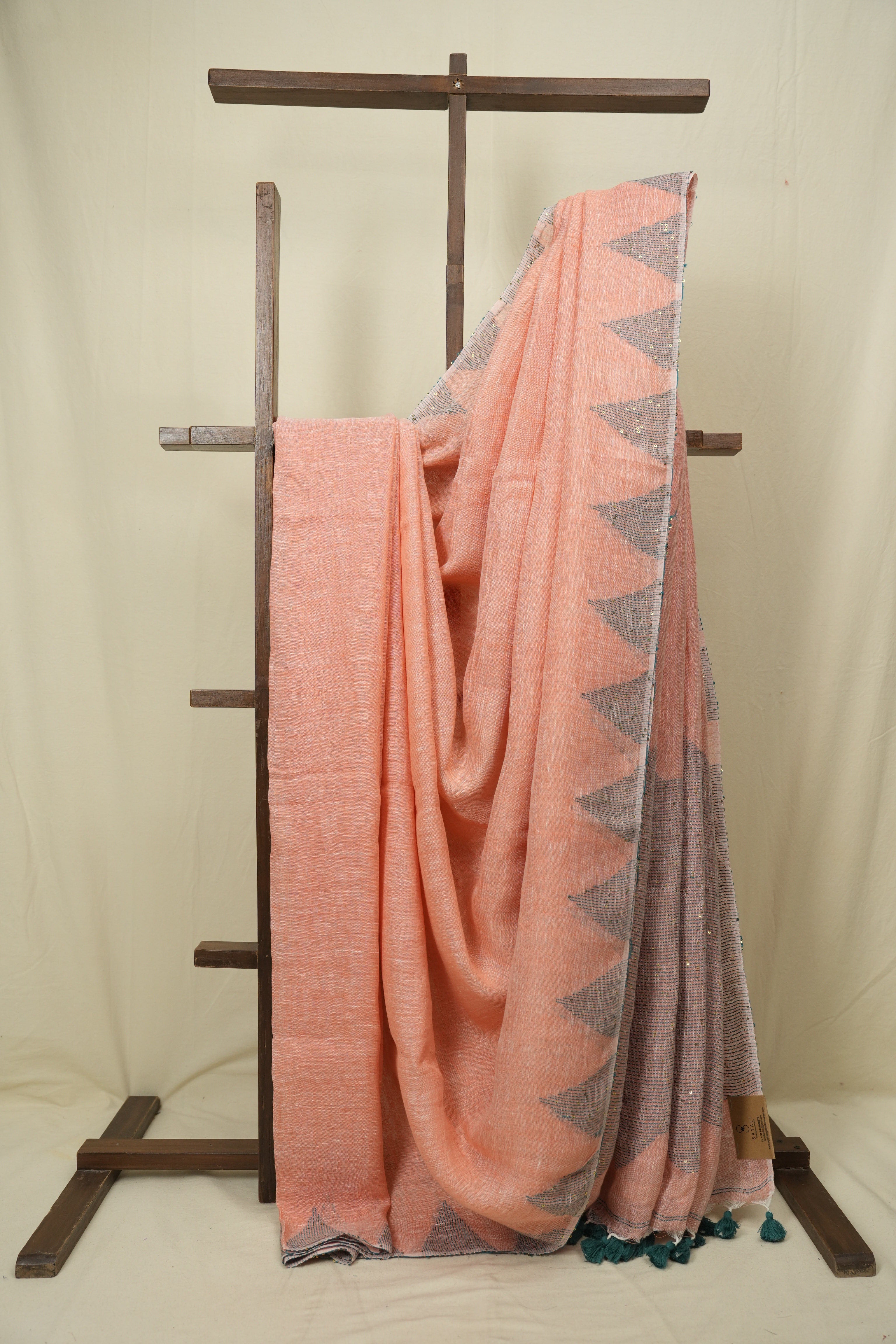 Peach Sequins Linen Saree With Green Tassels - SRPSLS511