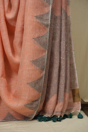 Peach Sequins Linen Saree With Green Tassels - SRPSLS511