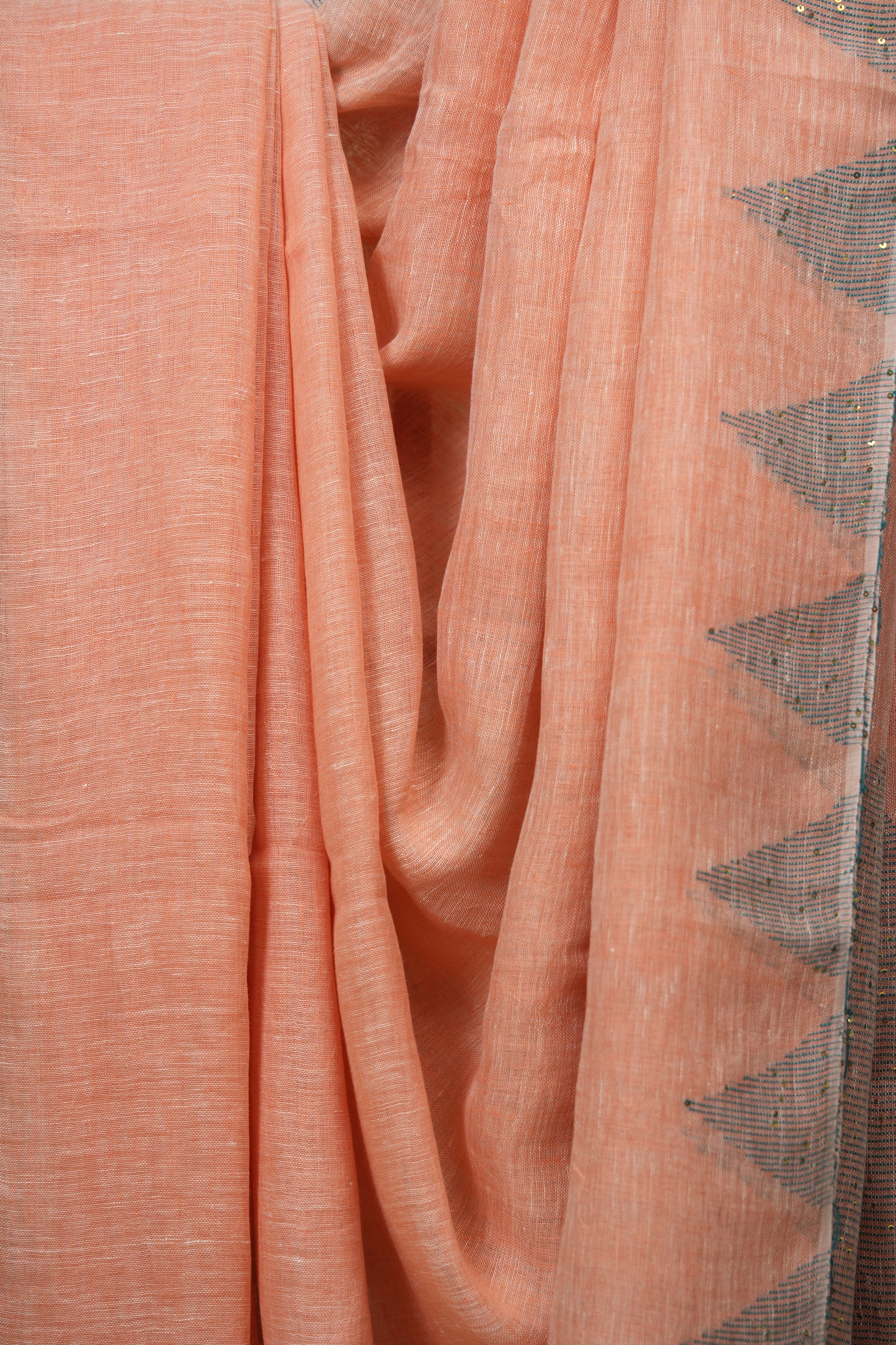 Peach Sequins Linen Saree With Green Tassels - SRPSLS511
