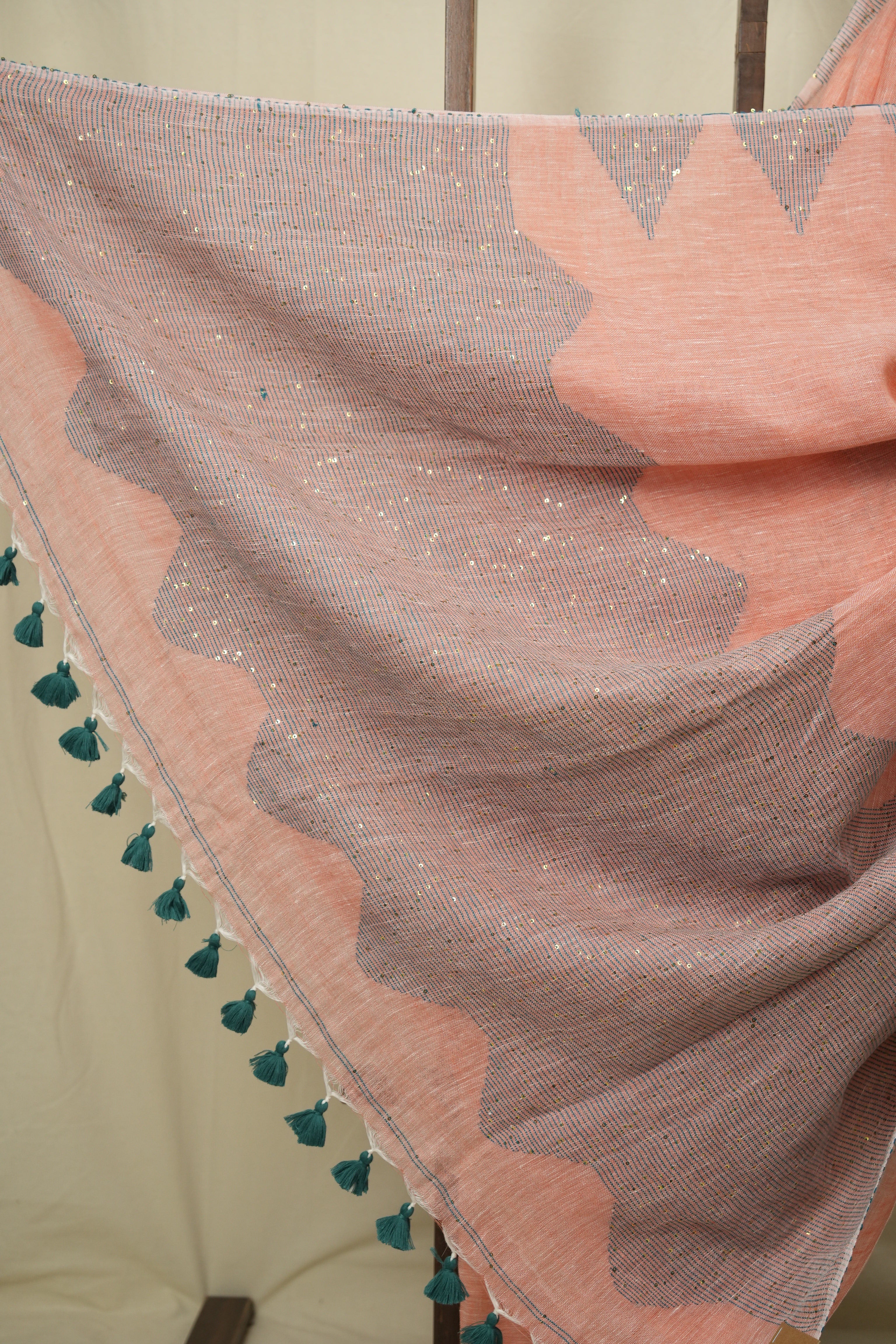 Peach Sequins Linen Saree With Green Tassels - SRPSLS511