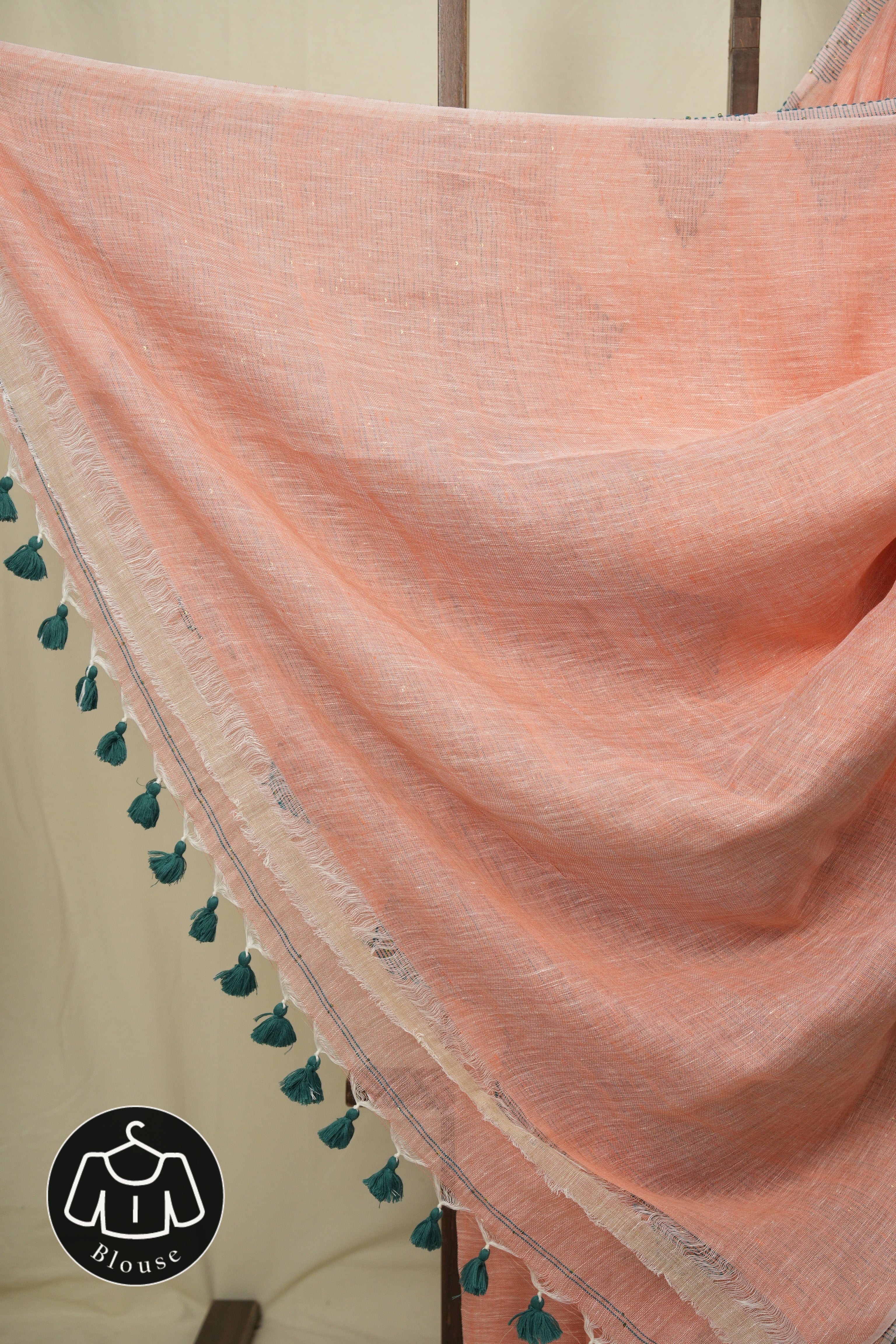 Peach Sequins Linen Saree With Green Tassels - SRPSLS511