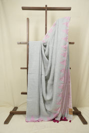 Grey Sequins Linen Saree With Pink Tassels - SRGSLS509