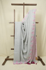 Grey Sequins Linen Saree With Pink Tassels - SRGSLS509