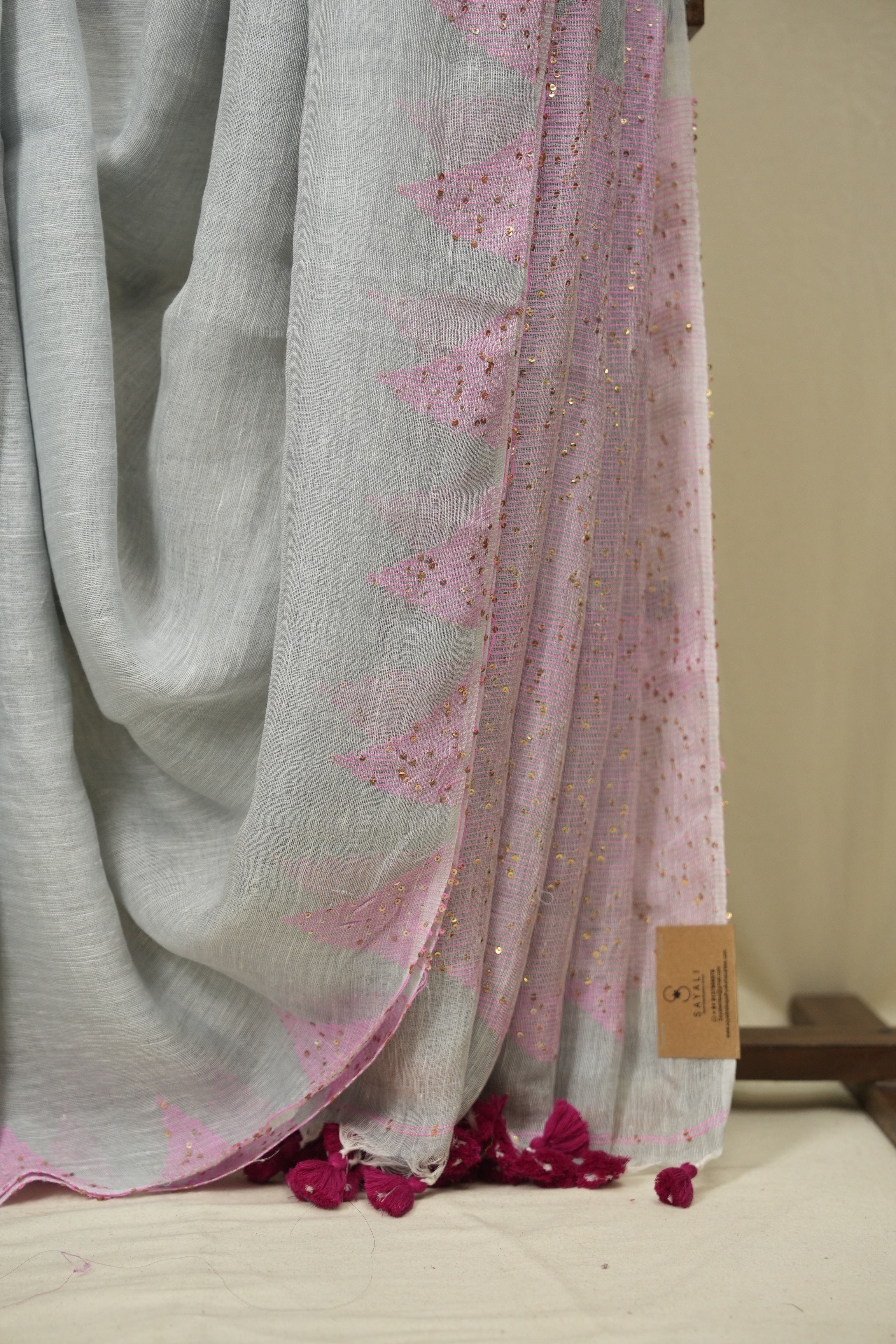 Grey Sequins Linen Saree With Pink Tassels - SRGSLS509