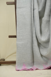 Grey Sequins Linen Saree With Pink Tassels - SRGSLS509