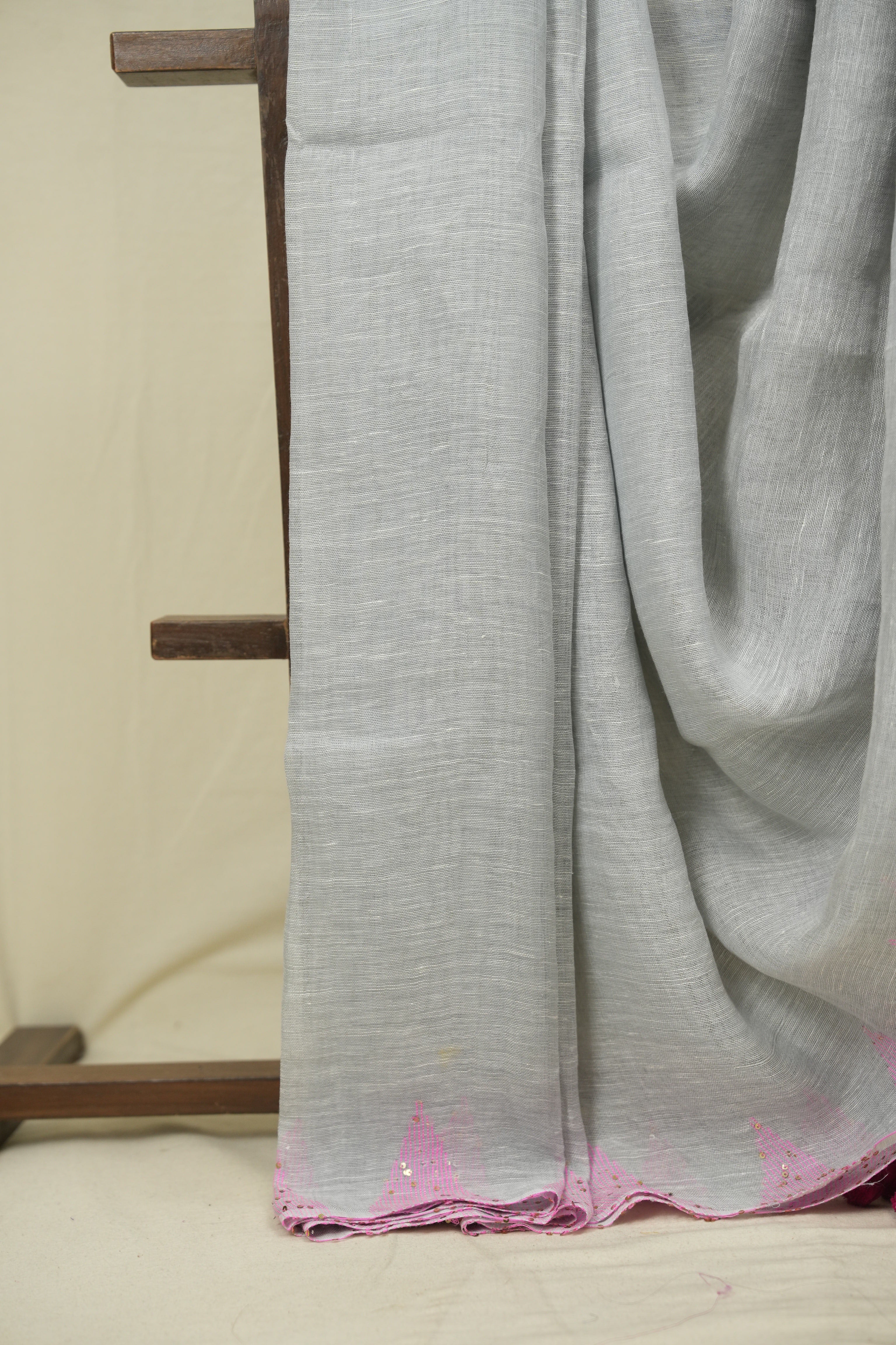 Grey Sequins Linen Saree With Pink Tassels - SRGSLS509