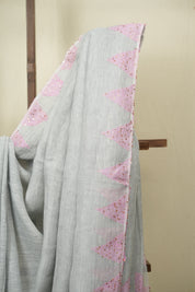 Grey Sequins Linen Saree With Pink Tassels - SRGSLS509
