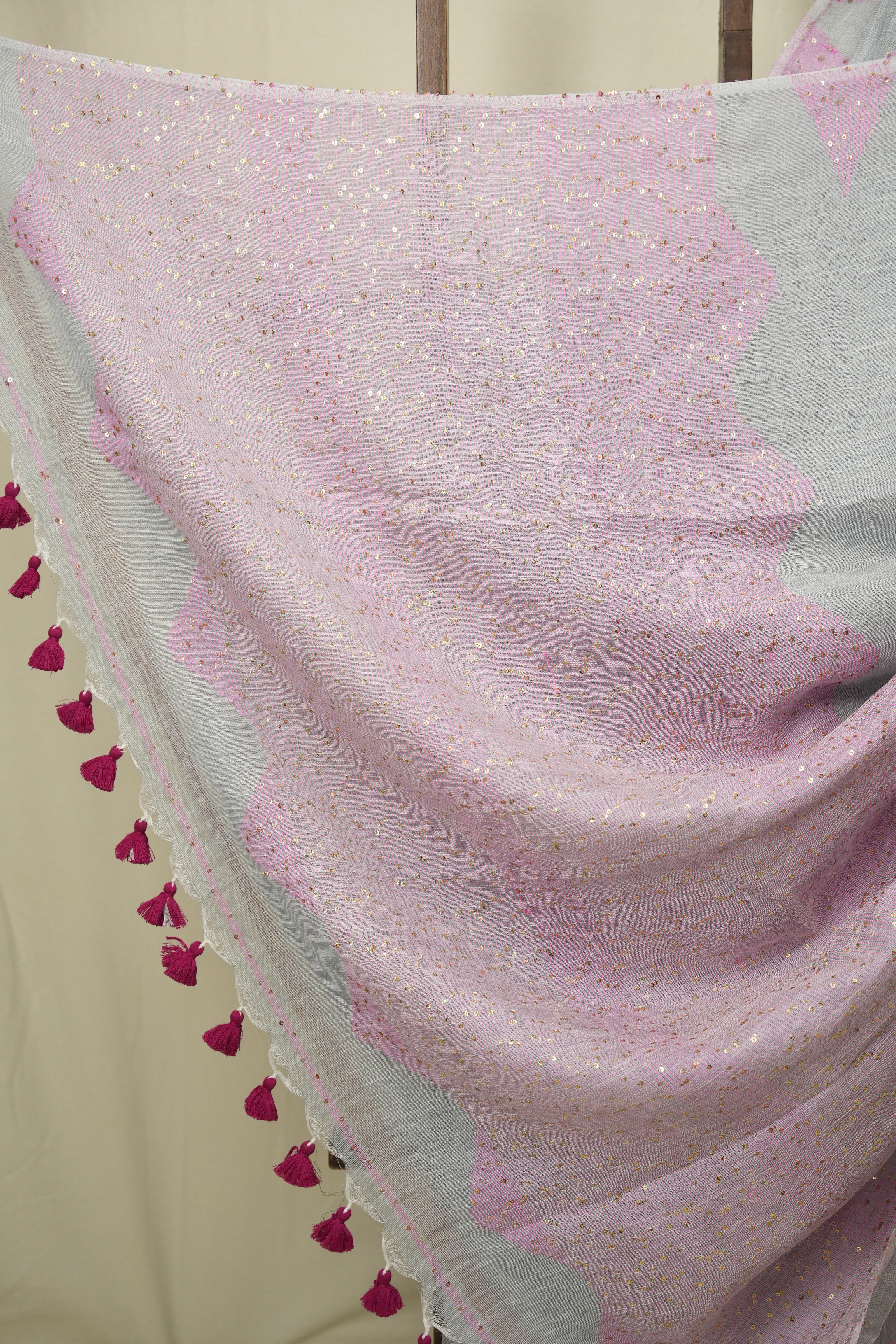 Grey Sequins Linen Saree With Pink Tassels - SRGSLS509