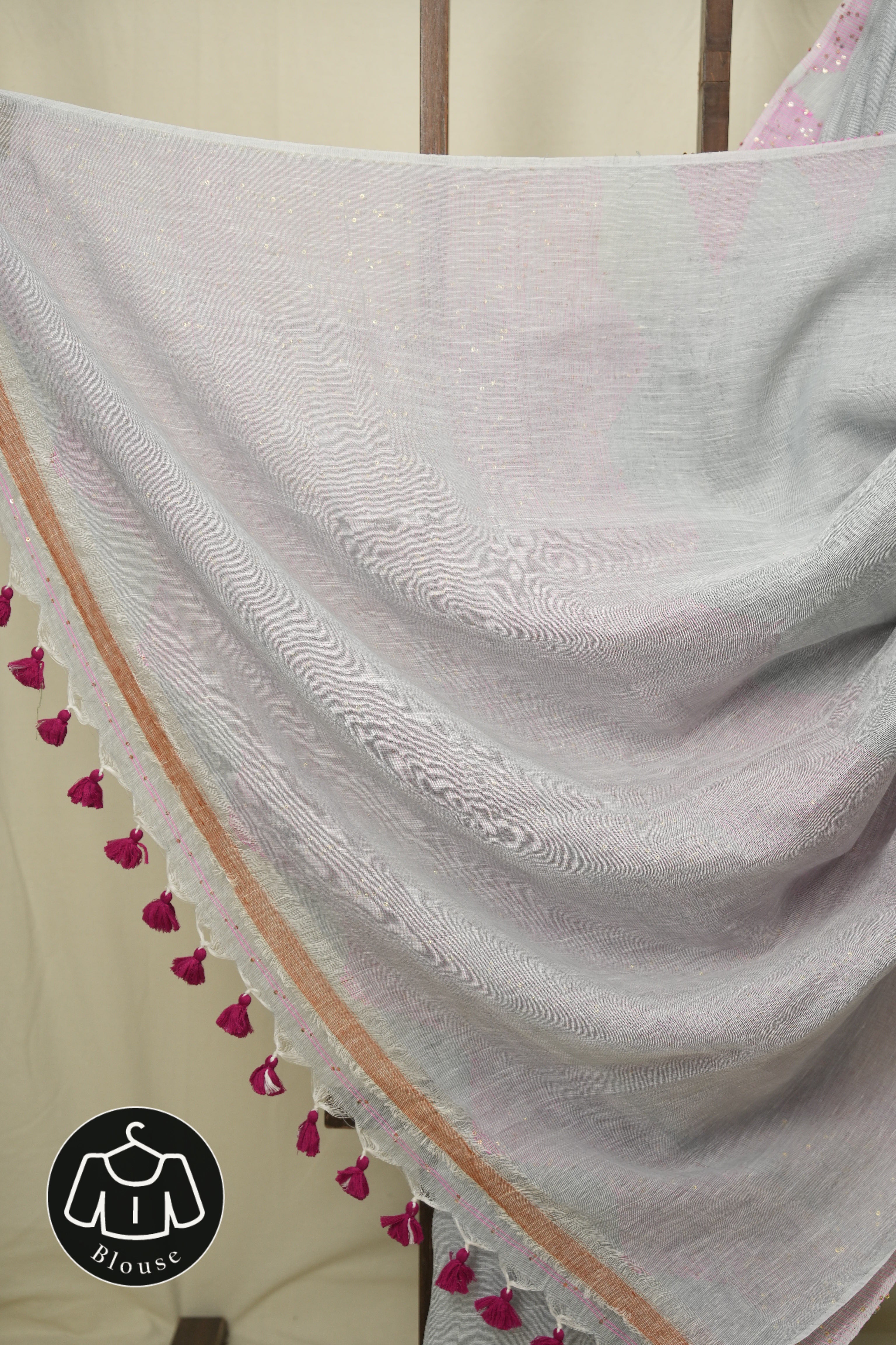 Grey Sequins Linen Saree With Pink Tassels - SRGSLS509
