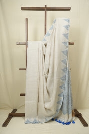 White Sequins Linen Saree With Blue Tassels - SRWSLS508