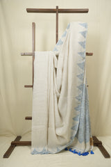 White Sequins Linen Saree With Blue Tassels - SRWSLS508