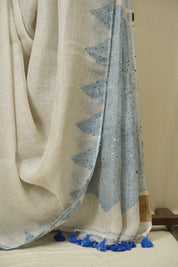 White Sequins Linen Saree With Blue Tassels - SRWSLS508