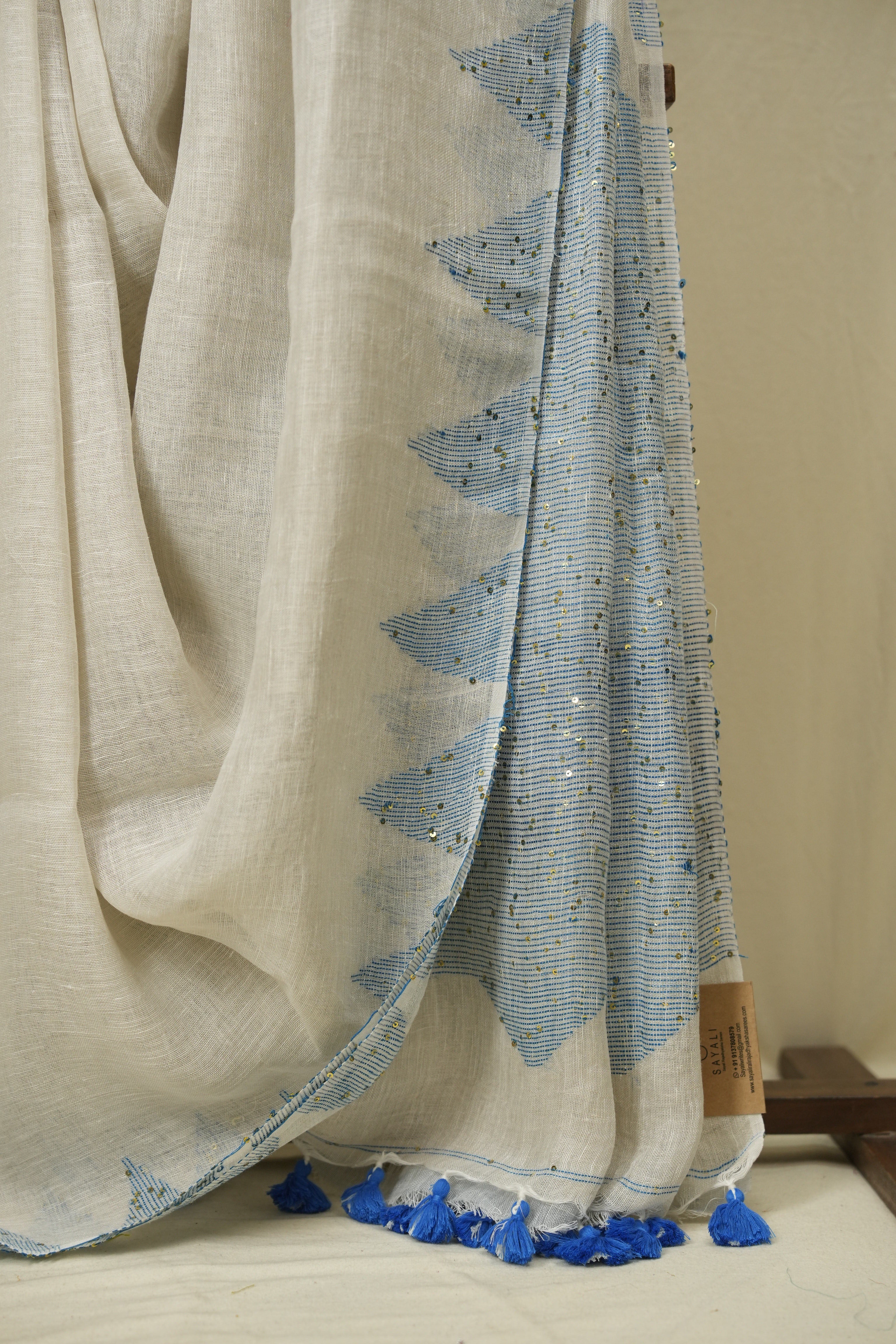 White Sequins Linen Saree With Blue Tassels - SRWSLS508