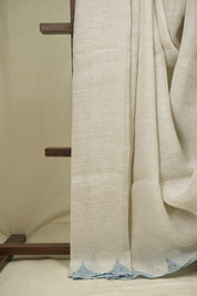 White Sequins Linen Saree With Blue Tassels - SRWSLS508