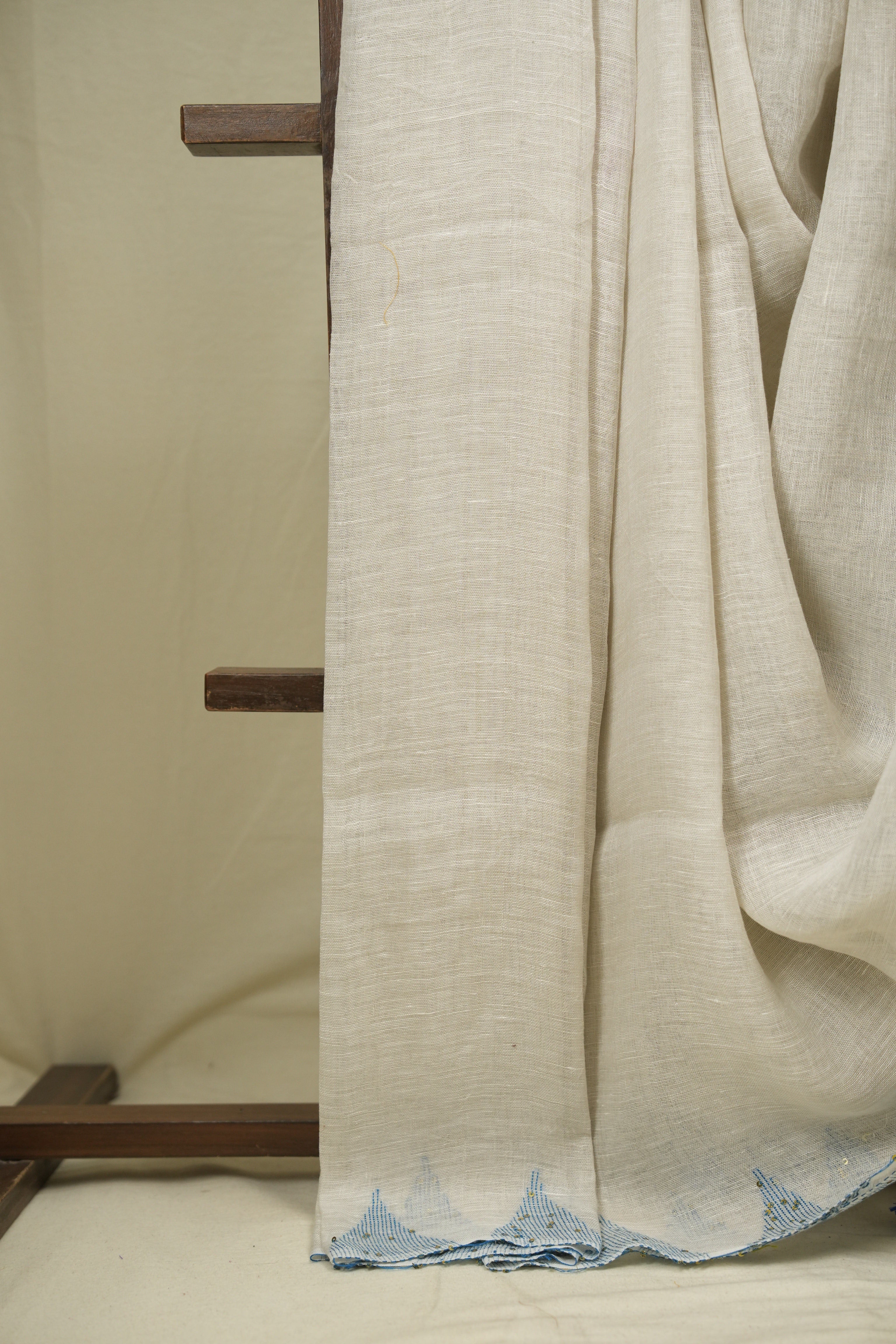 White Sequins Linen Saree With Blue Tassels - SRWSLS508
