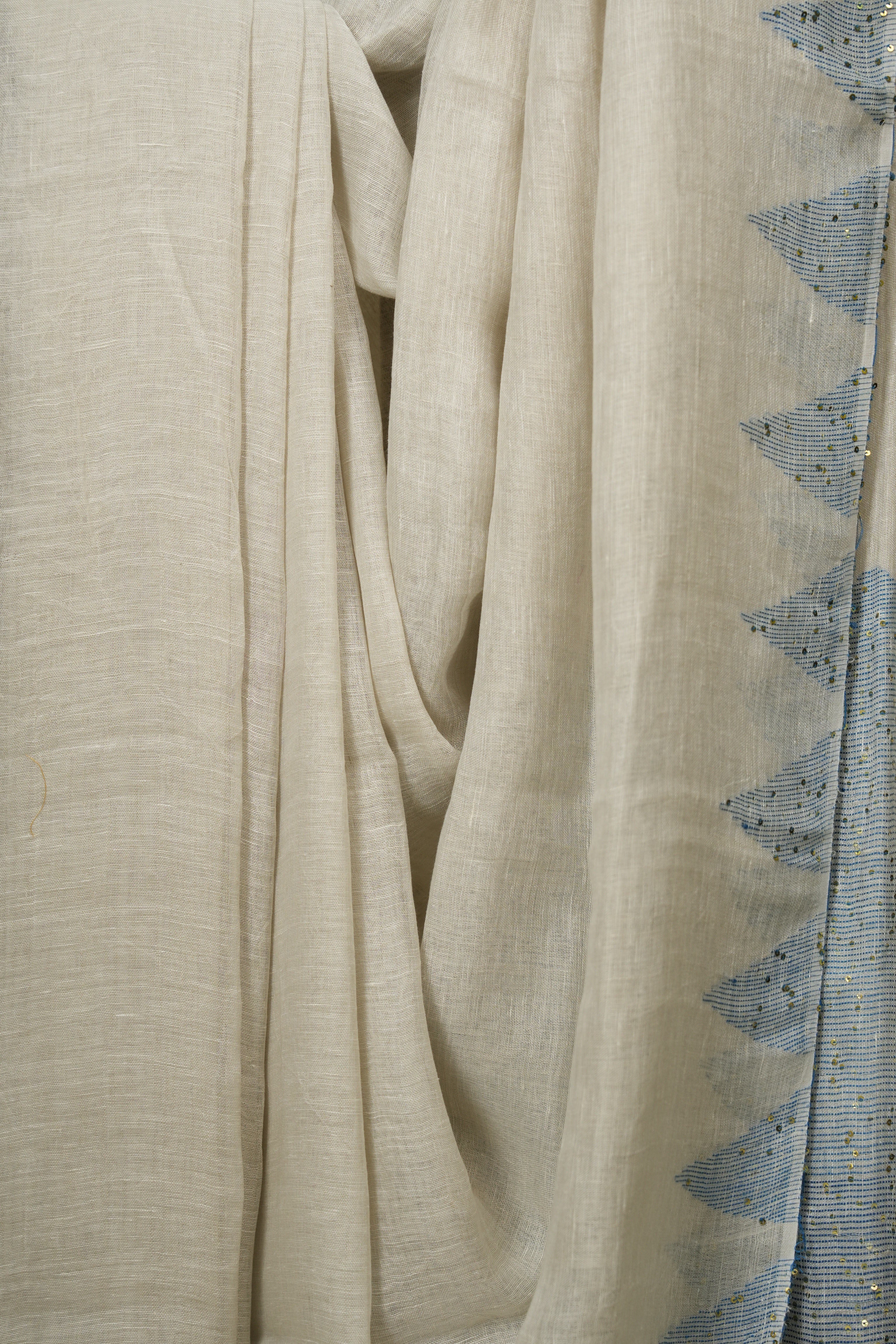 White Sequins Linen Saree With Blue Tassels - SRWSLS508