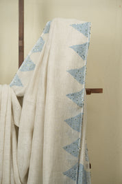 White Sequins Linen Saree With Blue Tassels - SRWSLS508