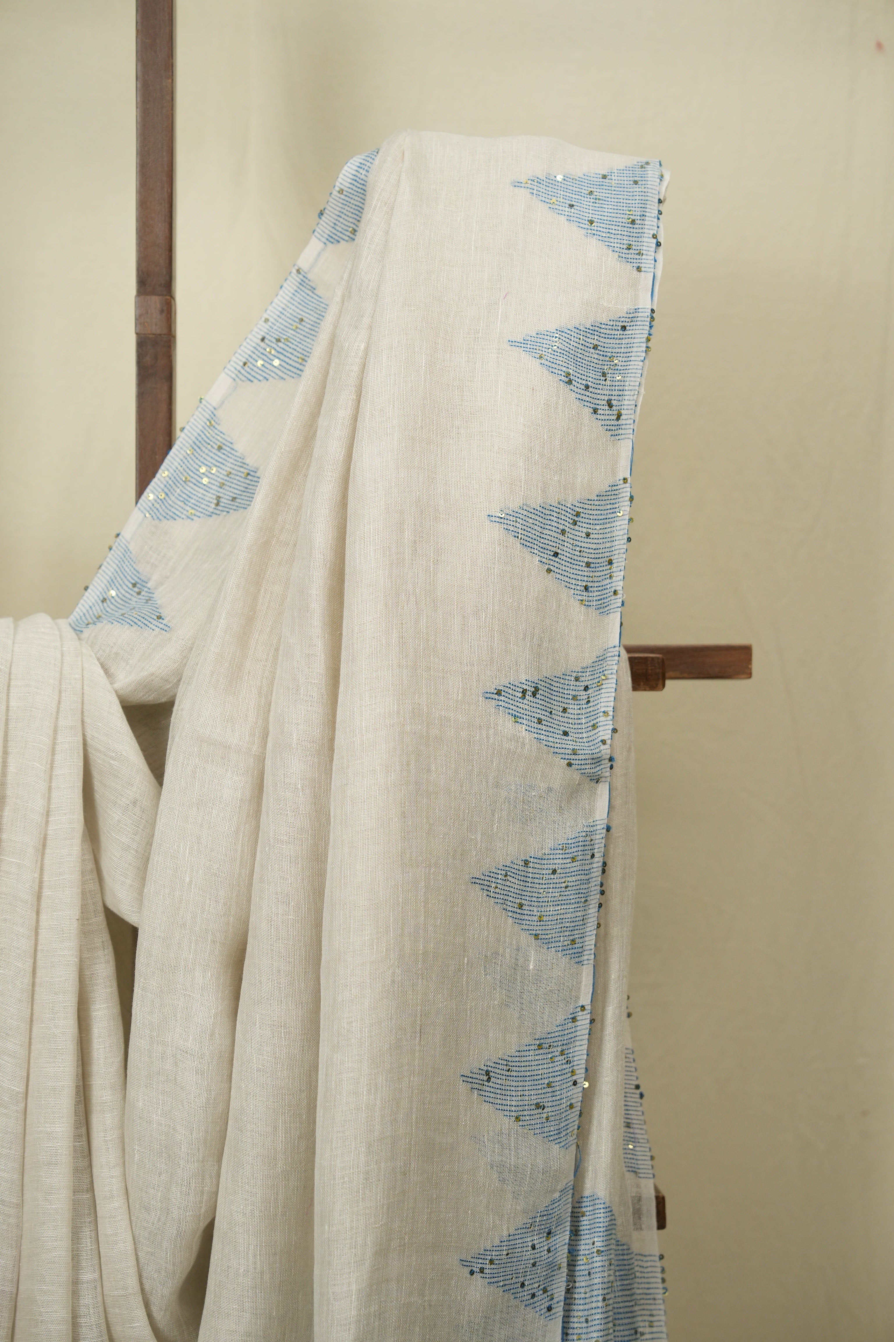 White Sequins Linen Saree With Blue Tassels - SRWSLS508