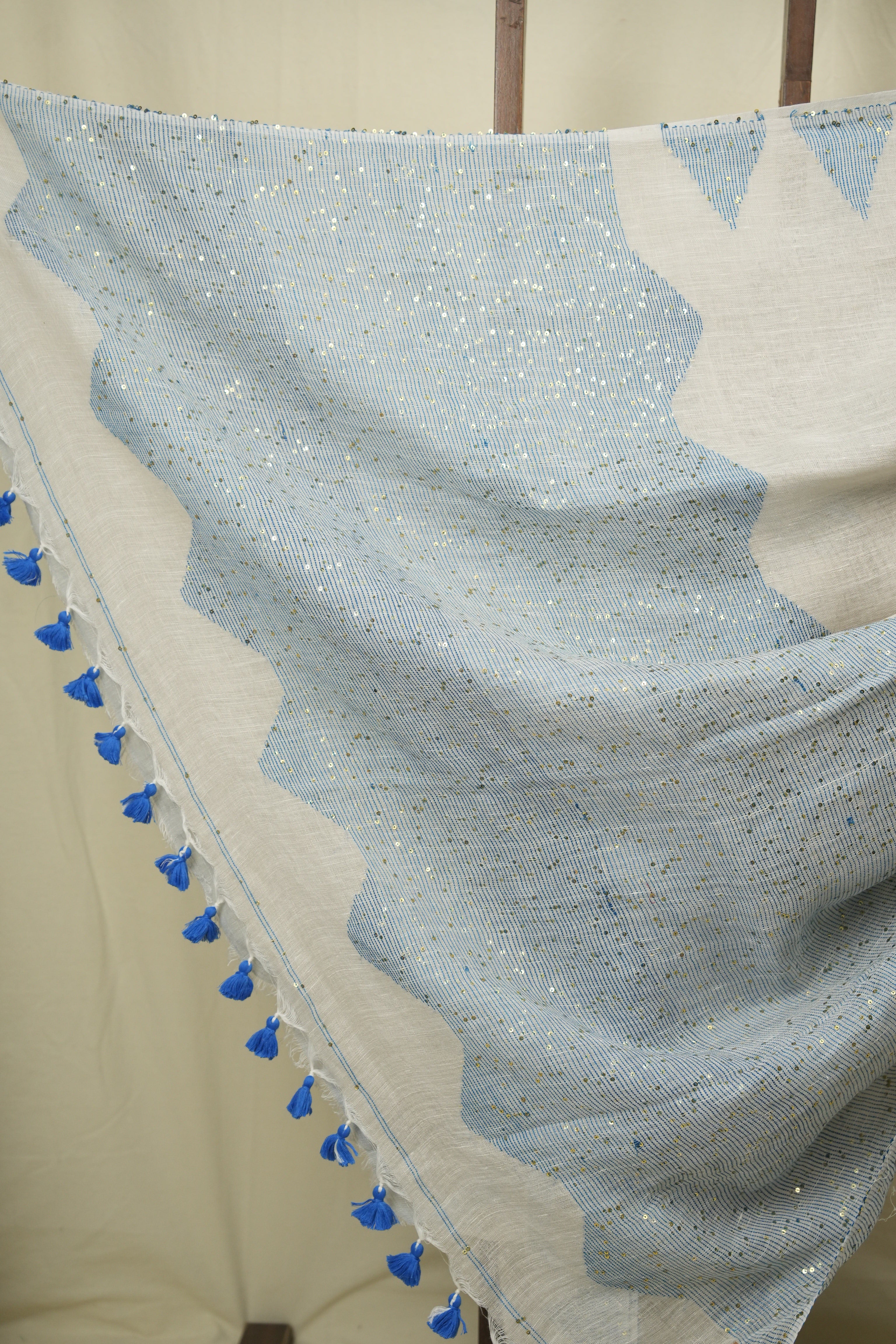 White Sequins Linen Saree With Blue Tassels - SRWSLS508