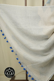 White Sequins Linen Saree With Blue Tassels - SRWSLS508