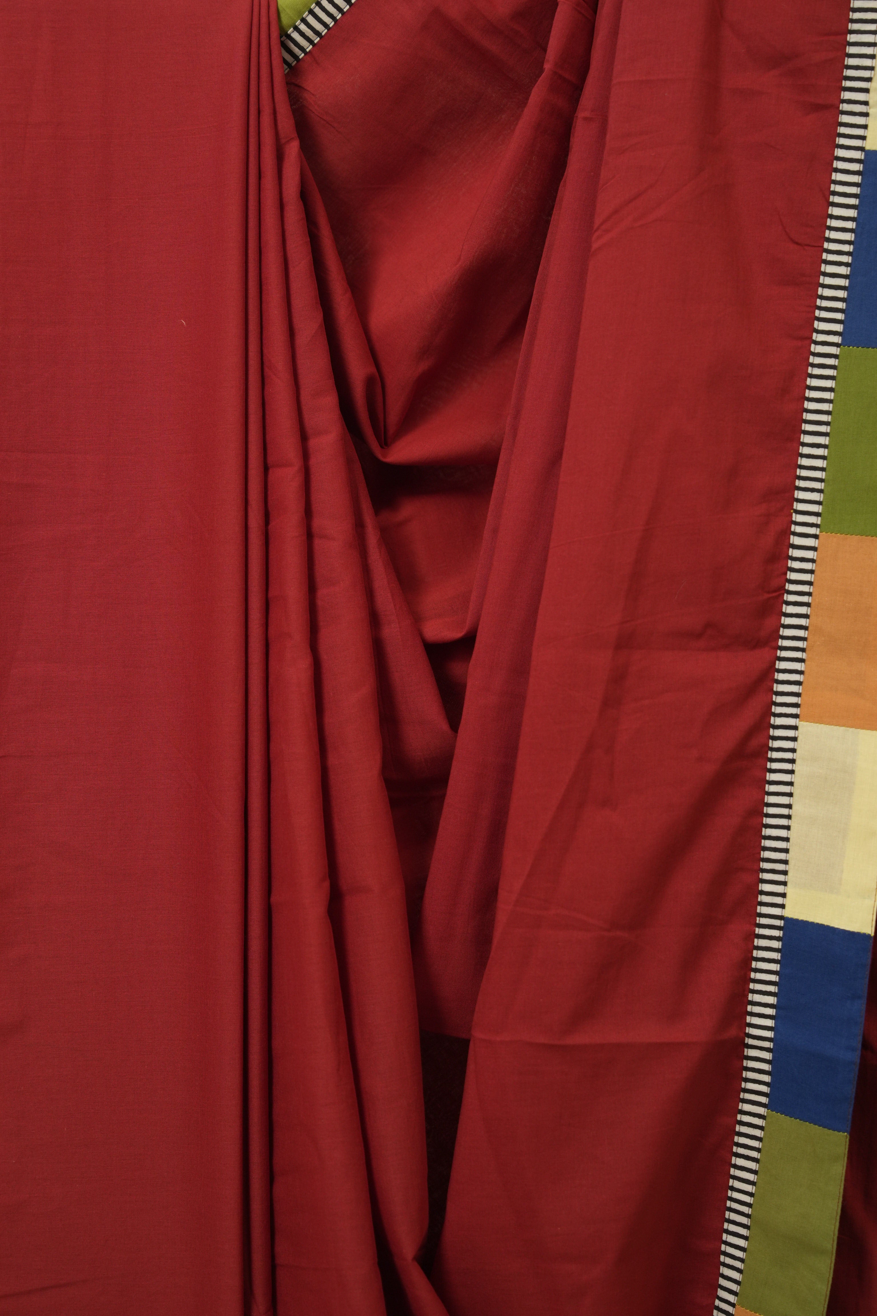 Red Cotton Patchwork Saree - SRRCPS307