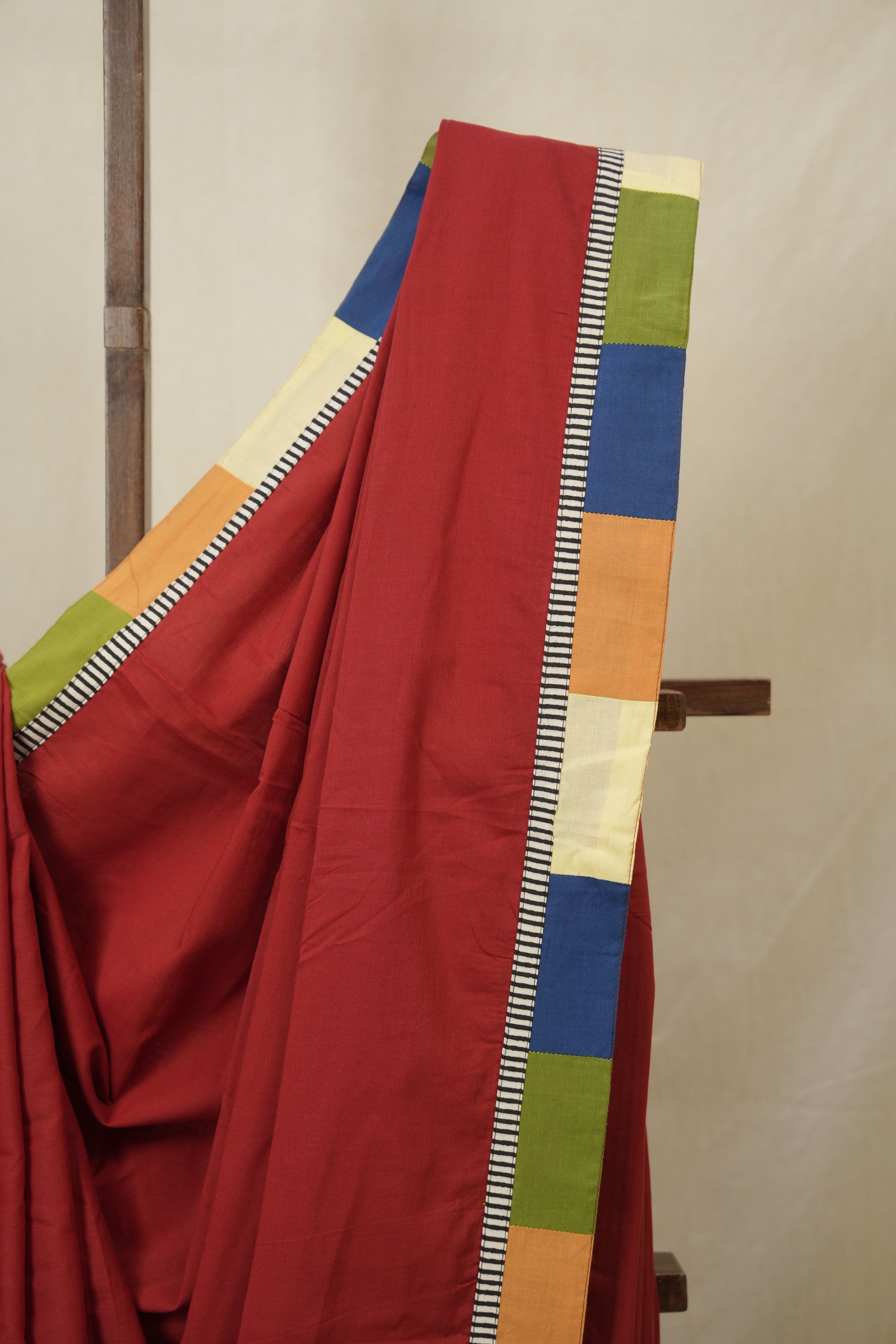 Red Cotton Patchwork Saree - SRRCPS307