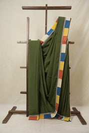 Olive Green Cotton Patchwork Saree - SROGCPS309