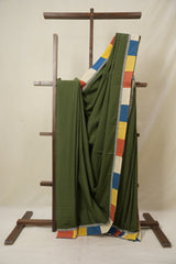 Olive Green Cotton Patchwork Saree - SROGCPS309
