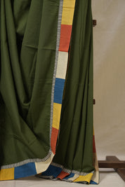 Olive Green Cotton Patchwork Saree - SROGCPS309