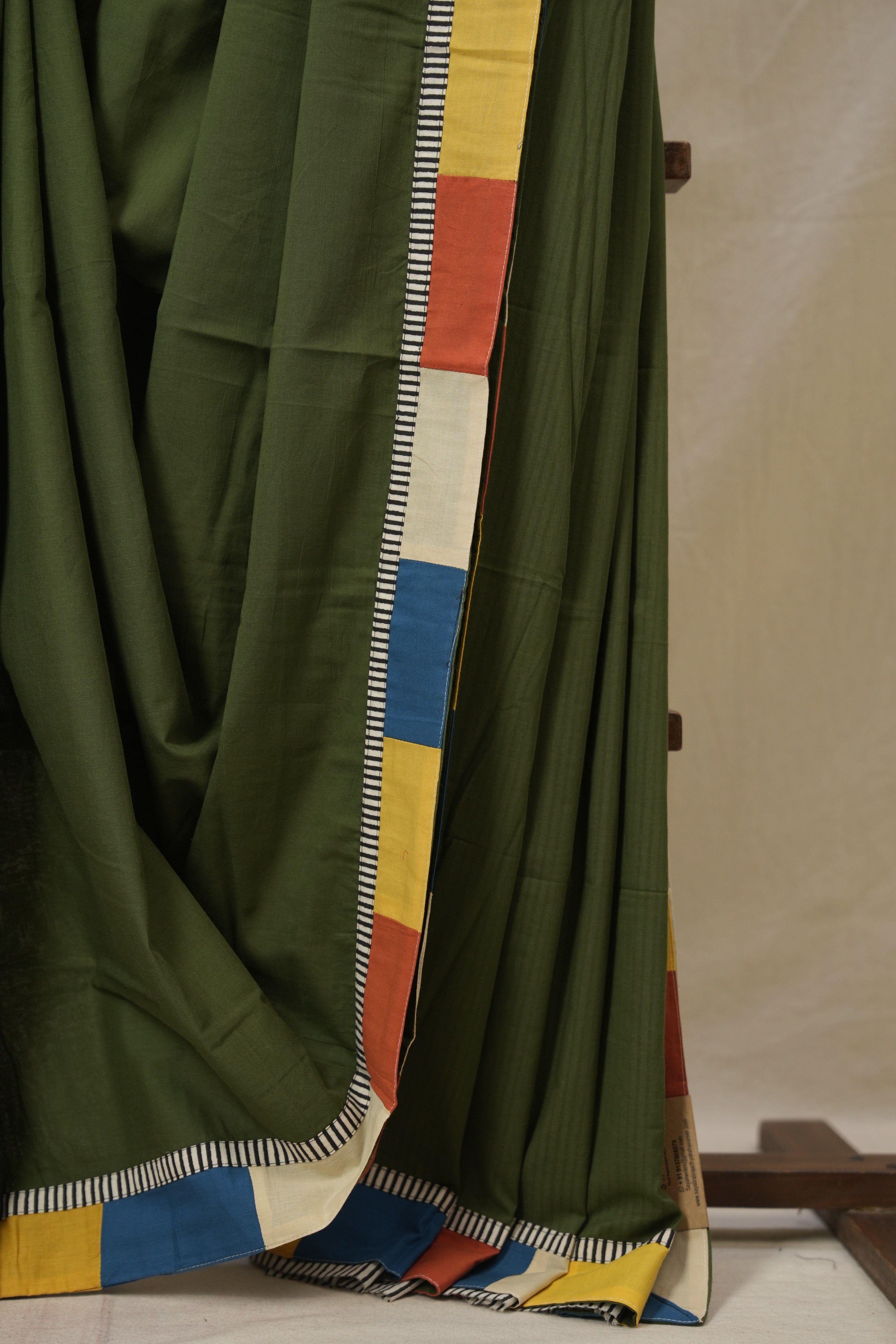 Olive Green Cotton Patchwork Saree - SROGCPS309