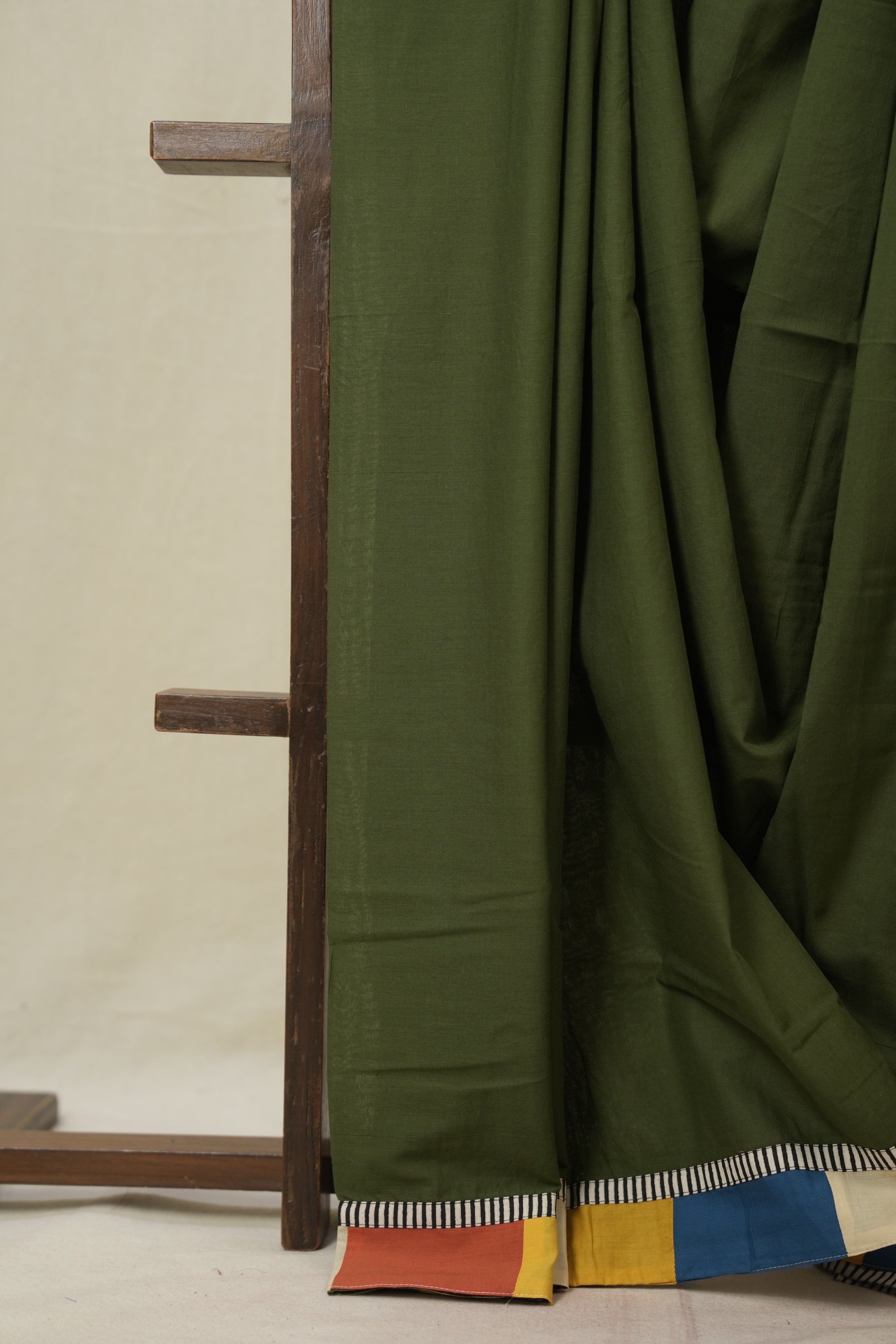 Olive Green Cotton Patchwork Saree - SROGCPS309
