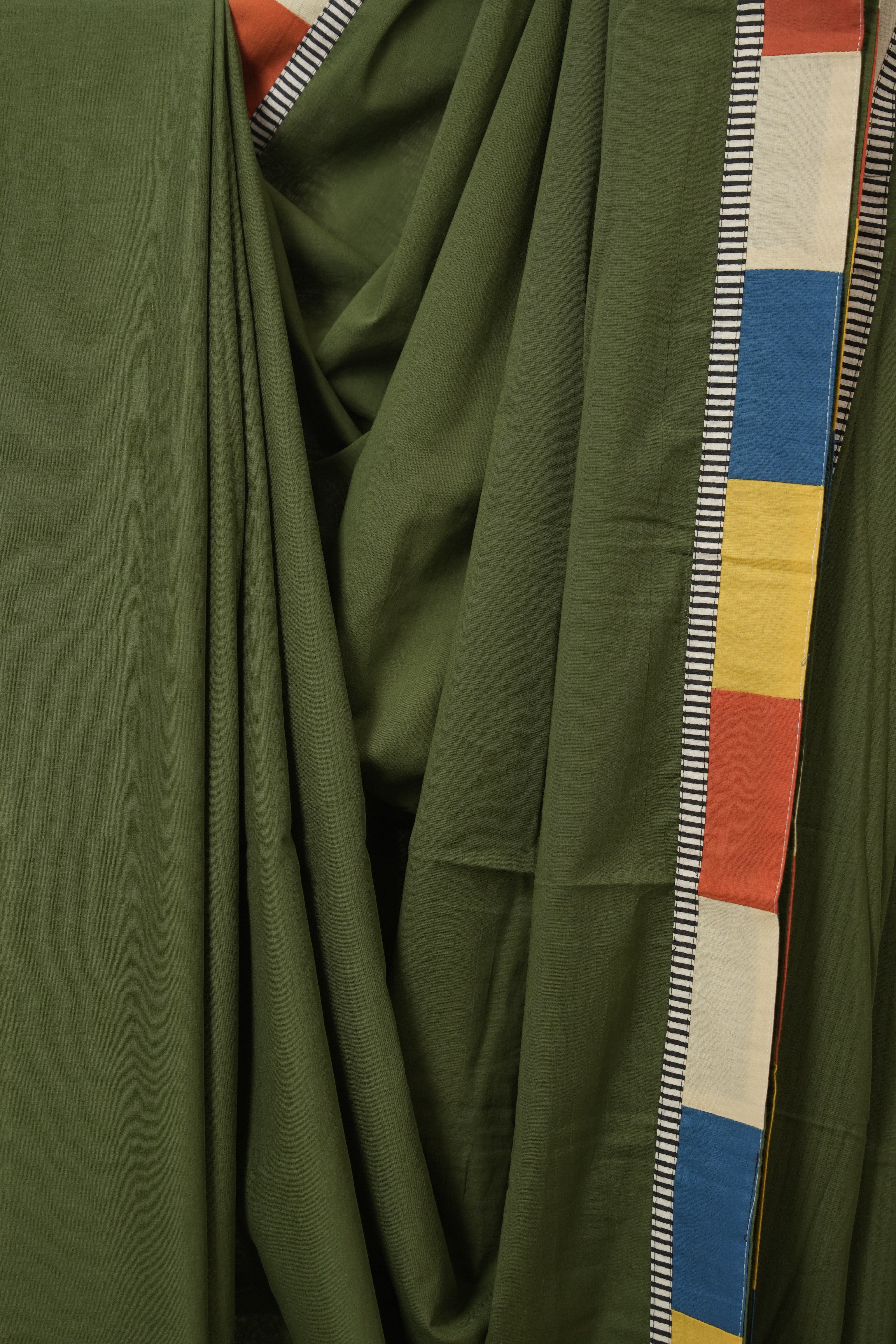 Olive Green Cotton Patchwork Saree - SROGCPS309