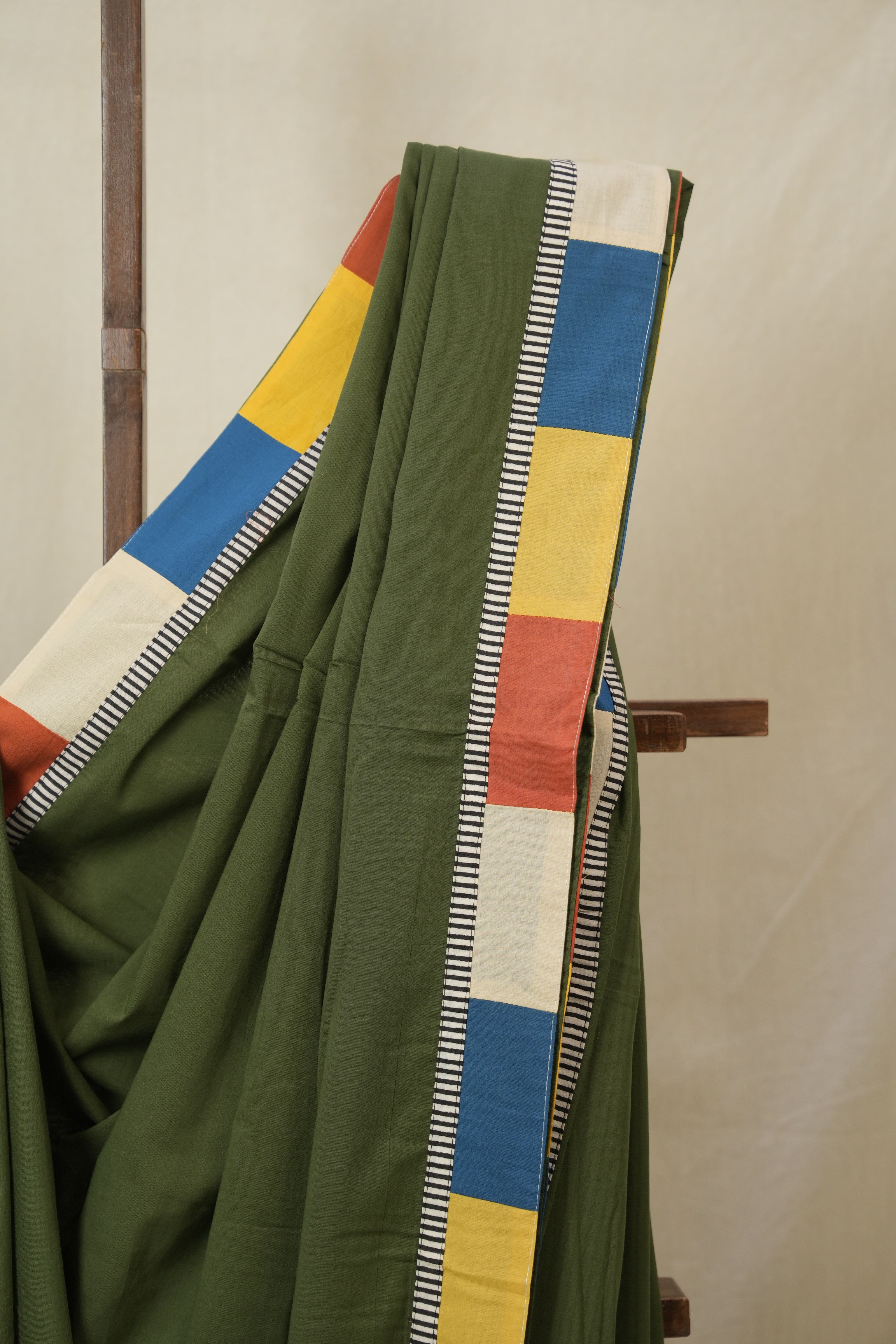 Olive Green Cotton Patchwork Saree - SROGCPS309
