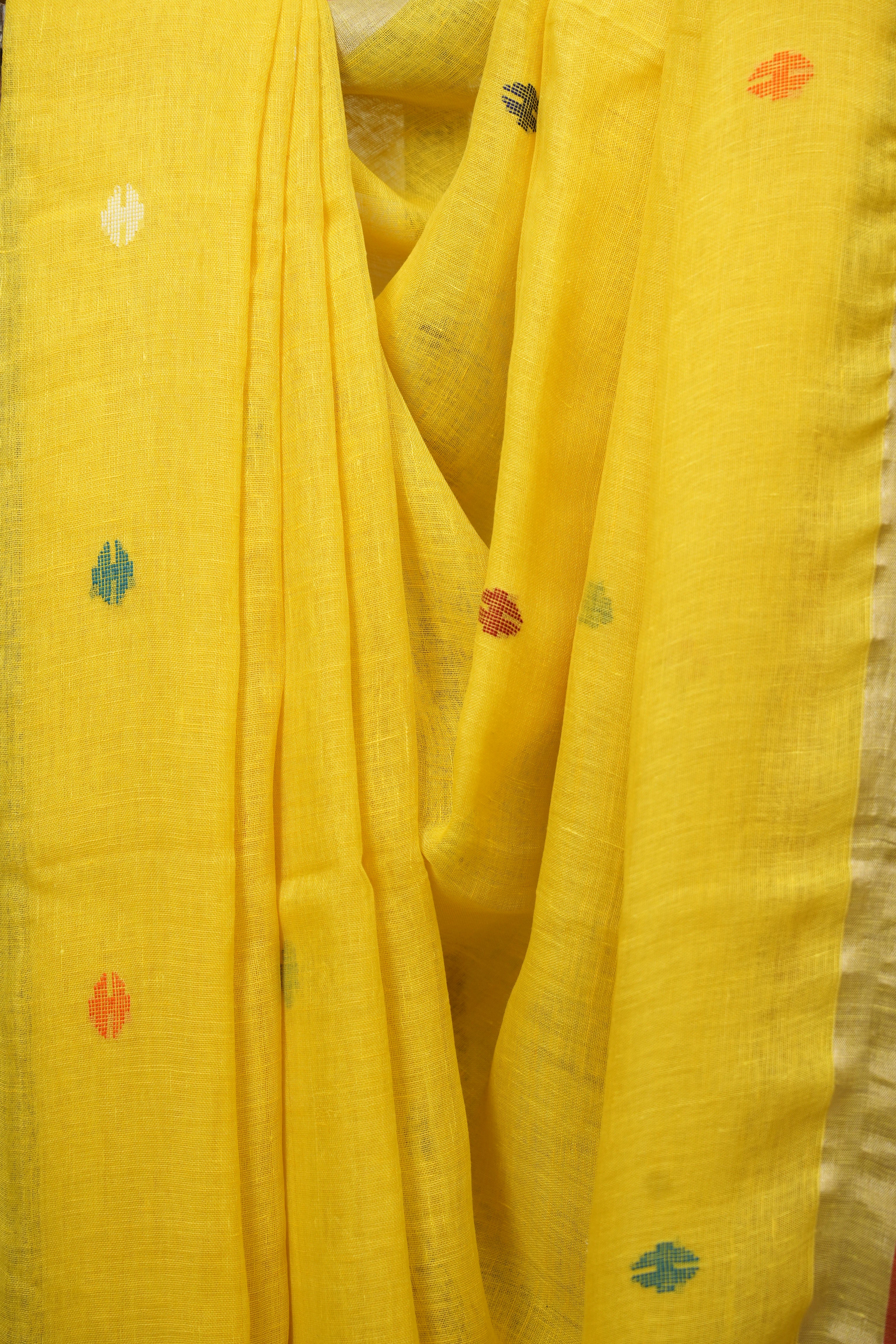 Lemon Yellow Linen Jamdani Saree - SRLYLJS526