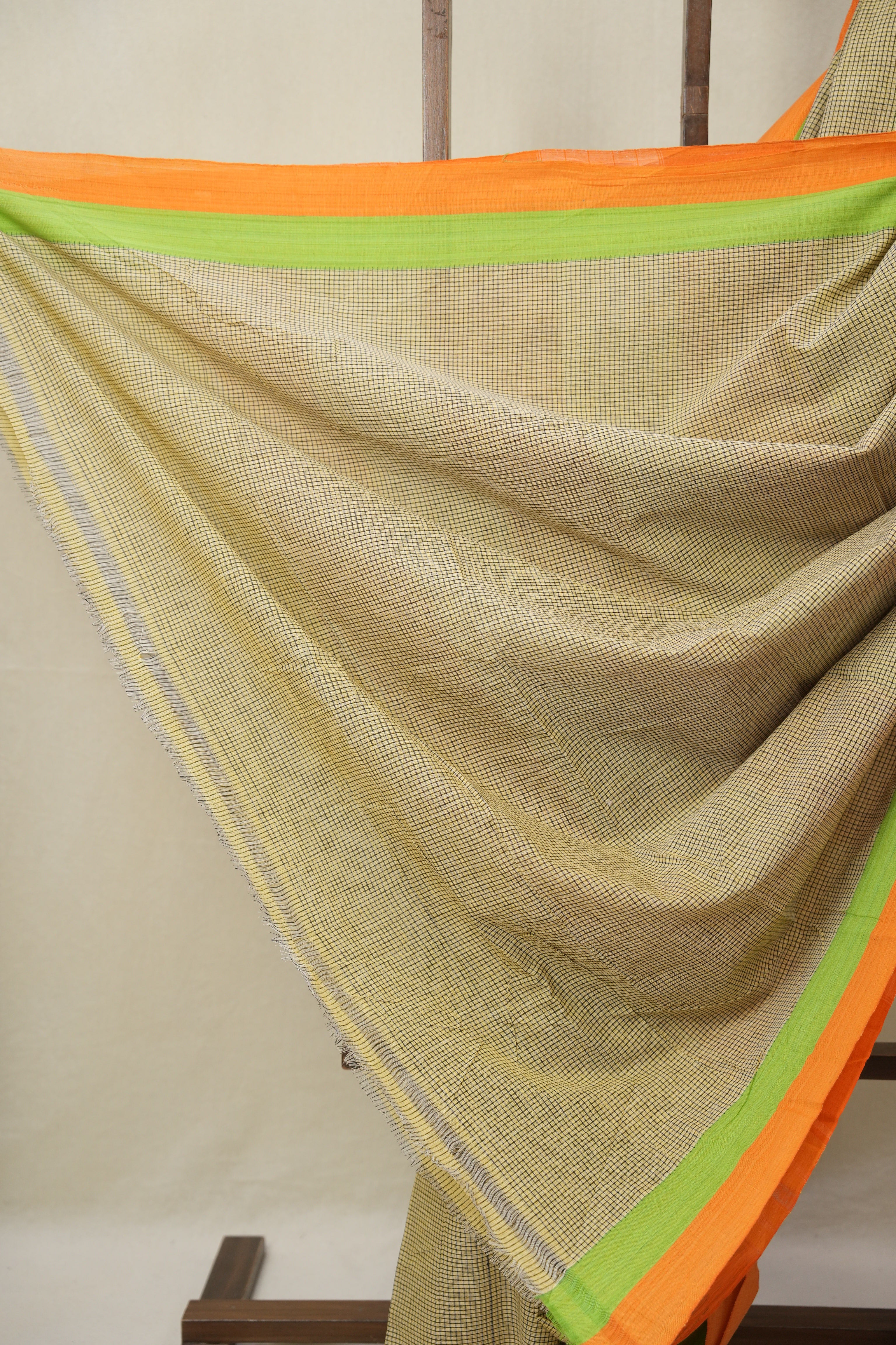 Yellow Small Checks Cotton Patteda Anchu Saree - SRYPAS338